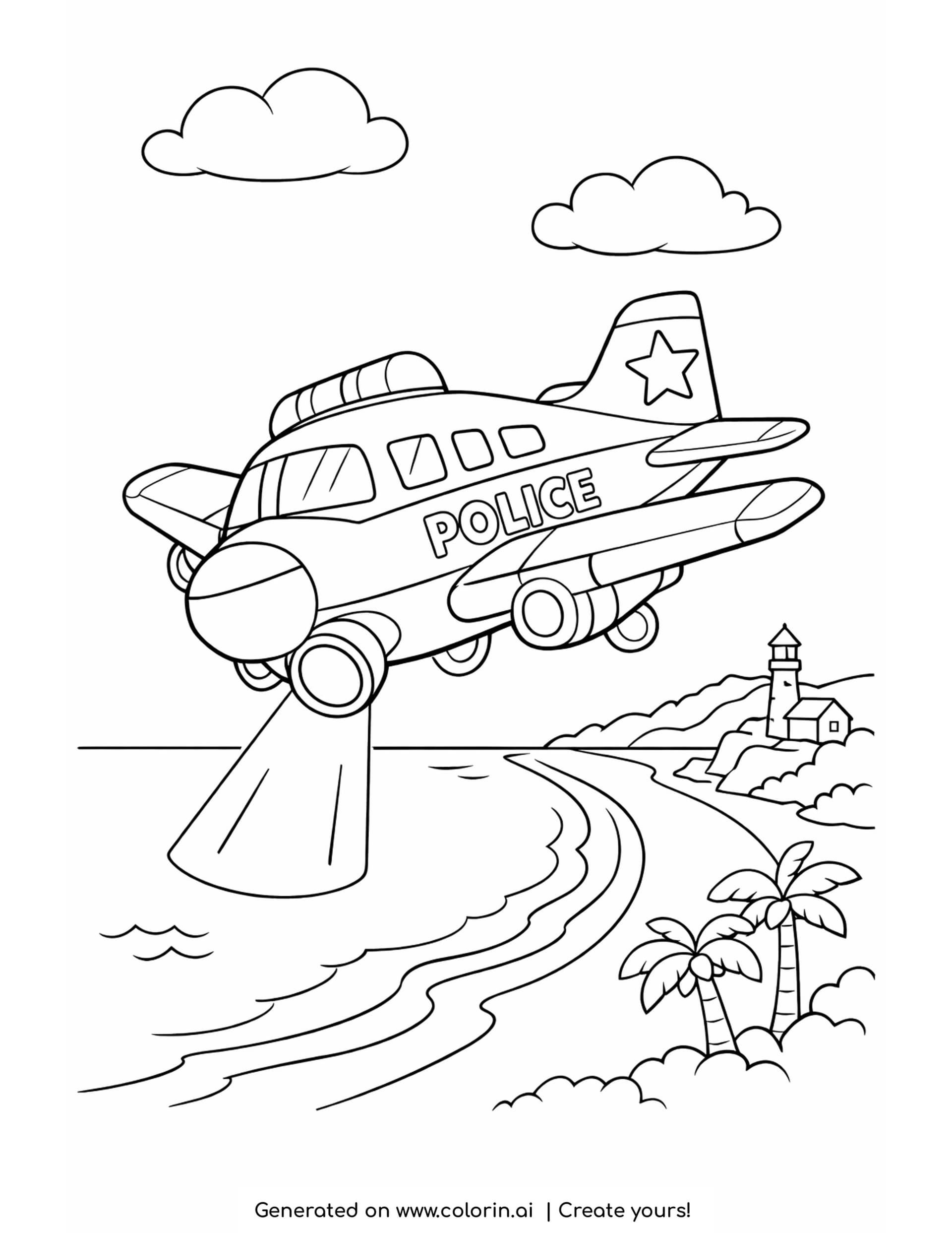 police airplane coloring pages — police patrol plane banking over a coastline with its searchlight on