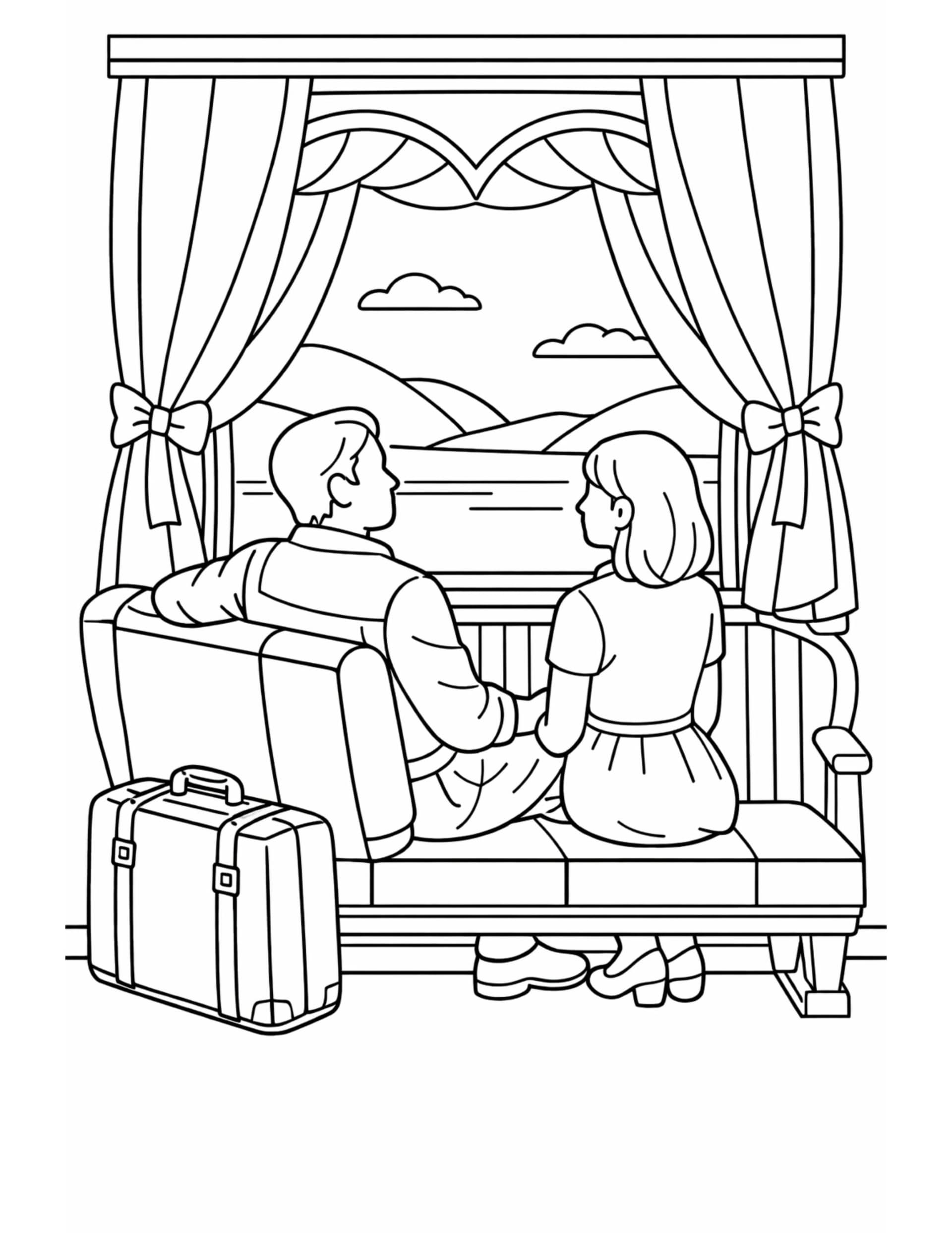 couple holding hands by window coloring page with a seated couple on a bench, curtains, and a travel suitcase coloring page