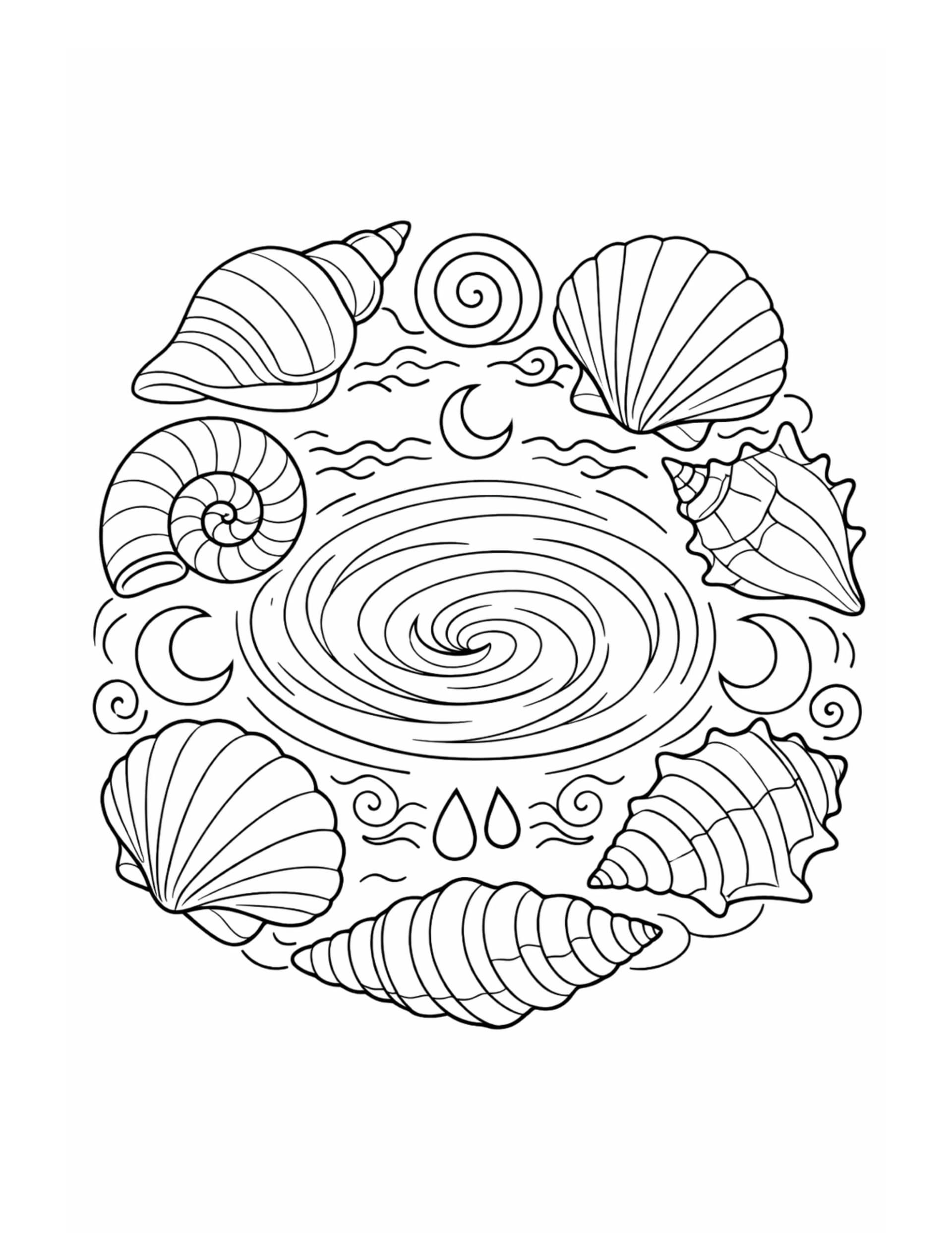 seashells around ocean whirlpool coloring page with a spiral swirl center, shells around it, and small moon icons coloring page