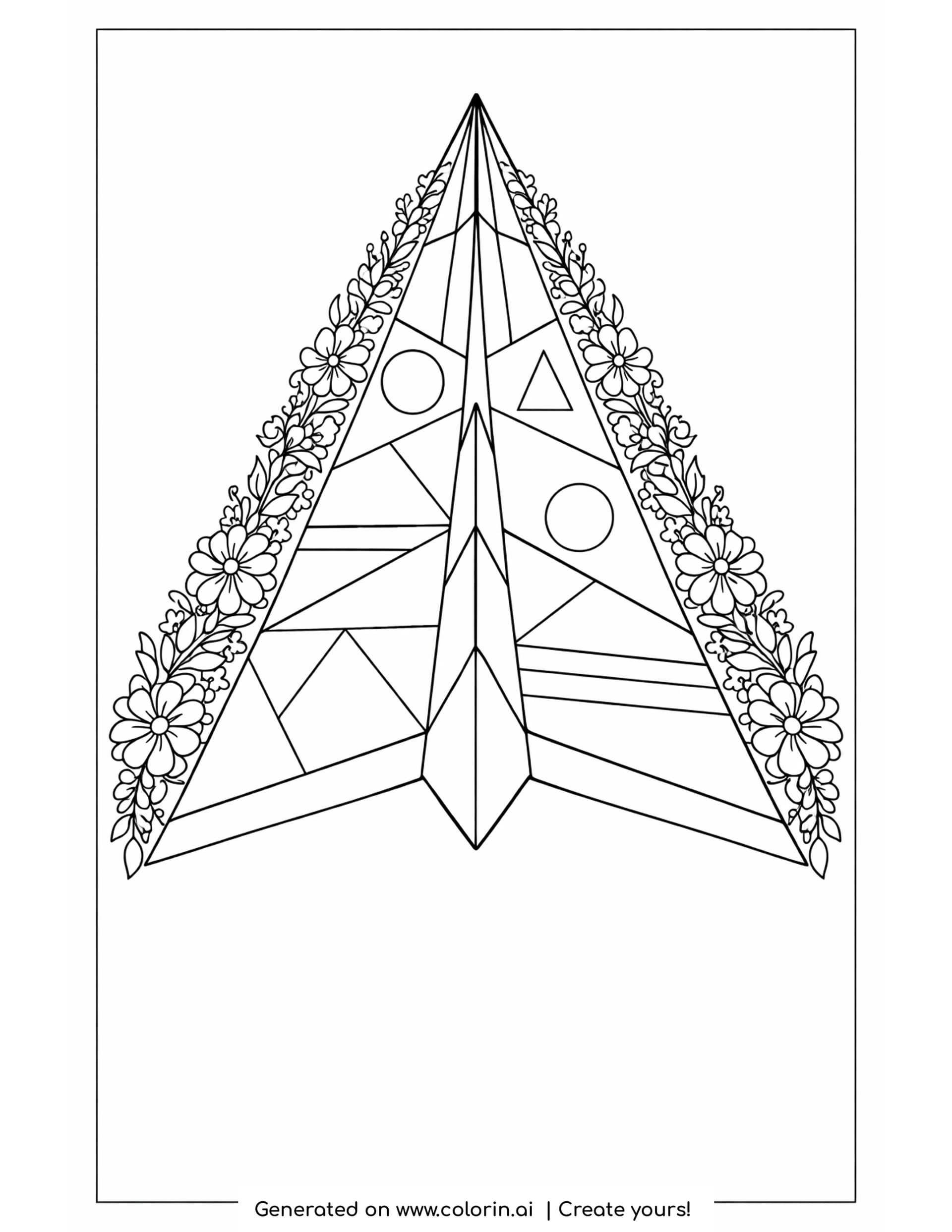 patterned plane coloring pages — folded paper airplane with open crease panels and a flower garland along both edges