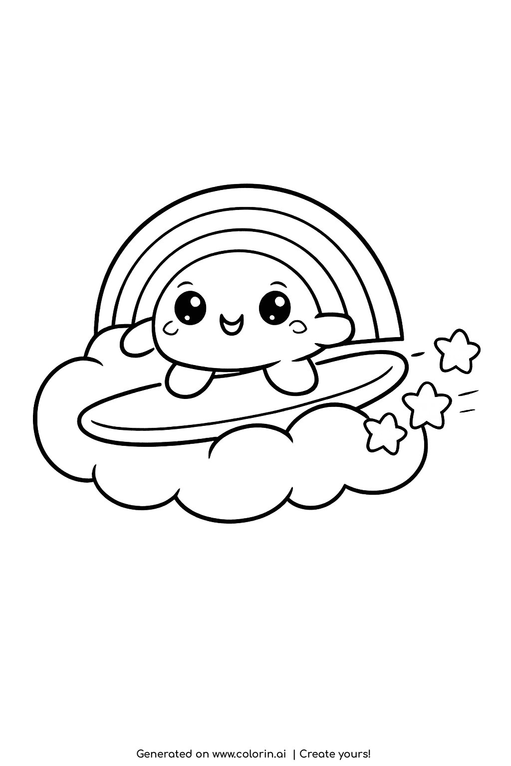 rainbow coloring pages for kids, a smiling rainbow riding a puffy cloud like a surfboard, with tiny stars trailing behind it