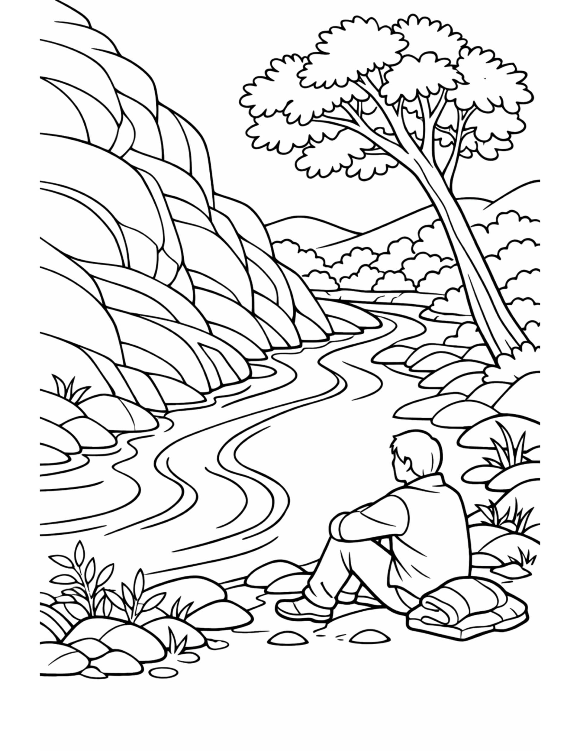 boy resting by winding river coloring page, seated on a riverbank near a rocky cliff and tall tree, coloring page