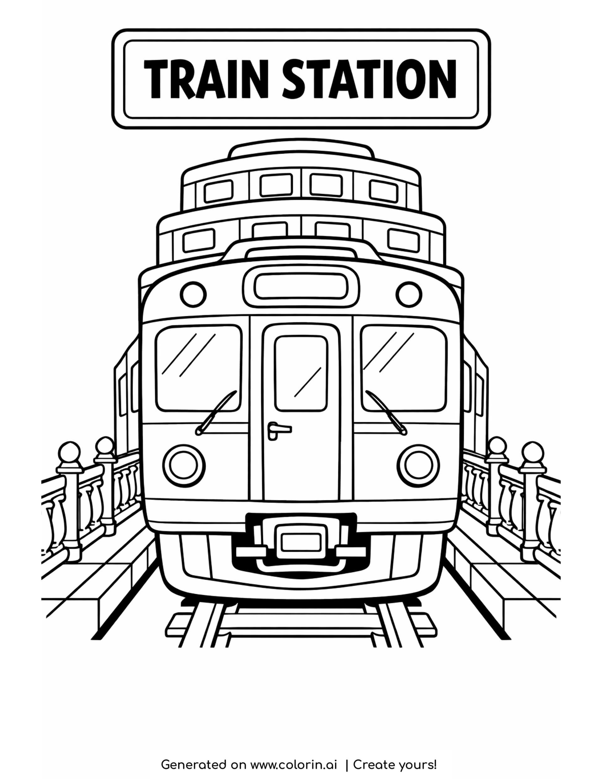 passenger train platform coloring pages: a train head on at a platform under a TRAIN STATION sign