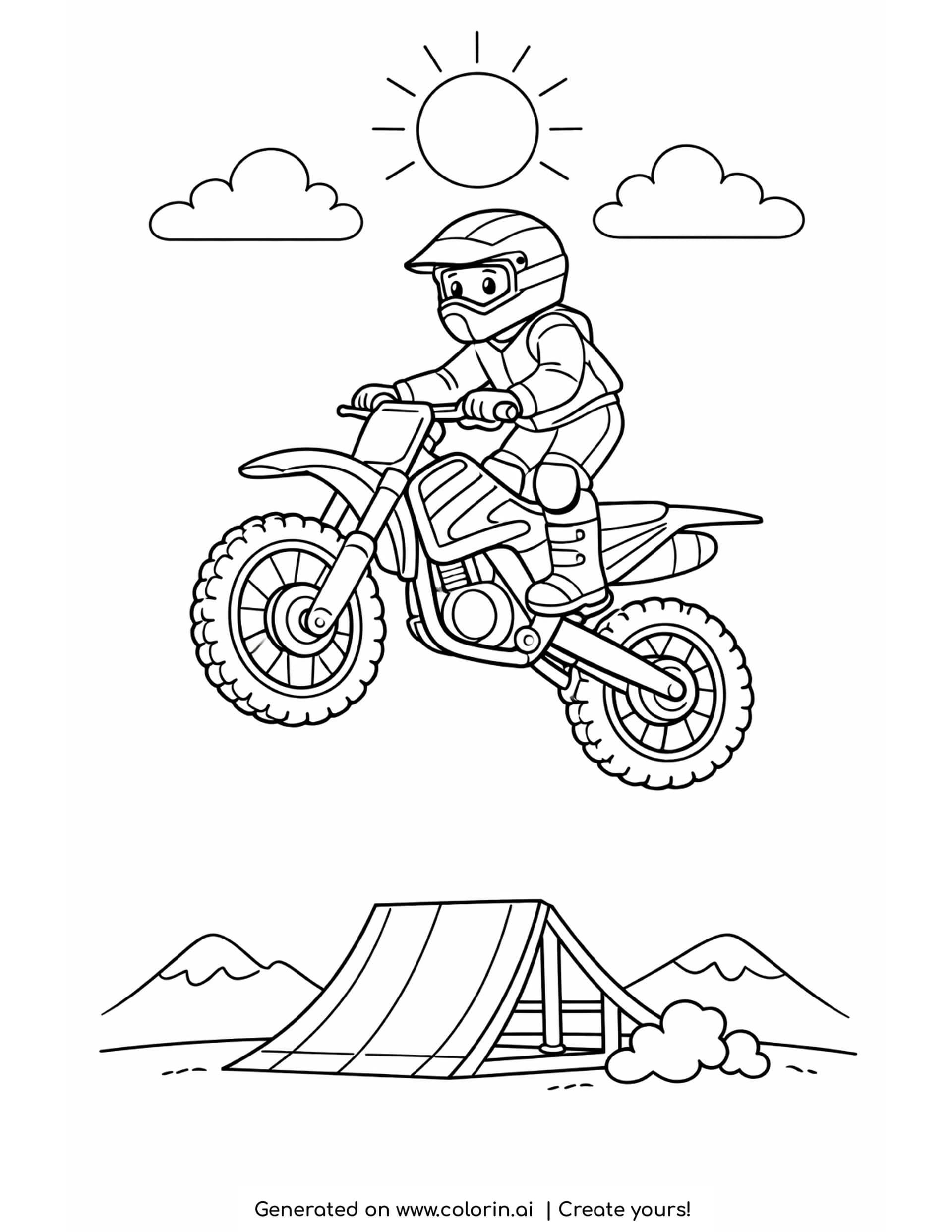 motorcycle stunt coloring pages - motorcycle soaring high off a wooden ramp with the ramp small at the bottom