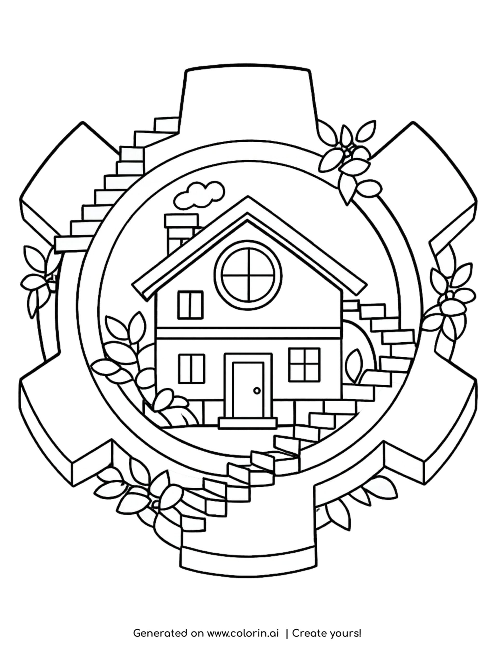 house inside mechanical gear coloring page with stairs and plants growing around coloring page