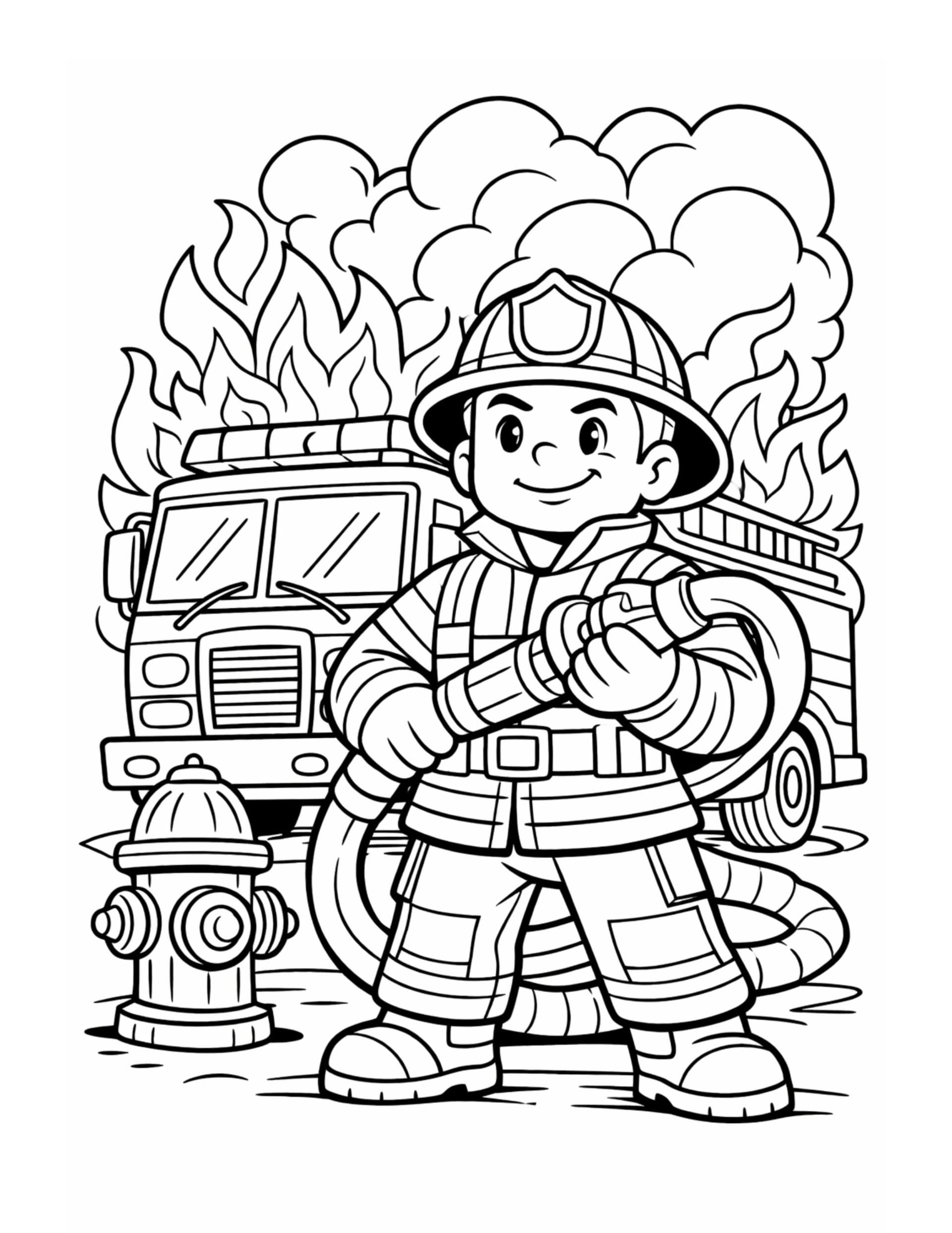 firefighter holding hose near firetruck coloring page with flames, smoke, and a hydrant in clean line art