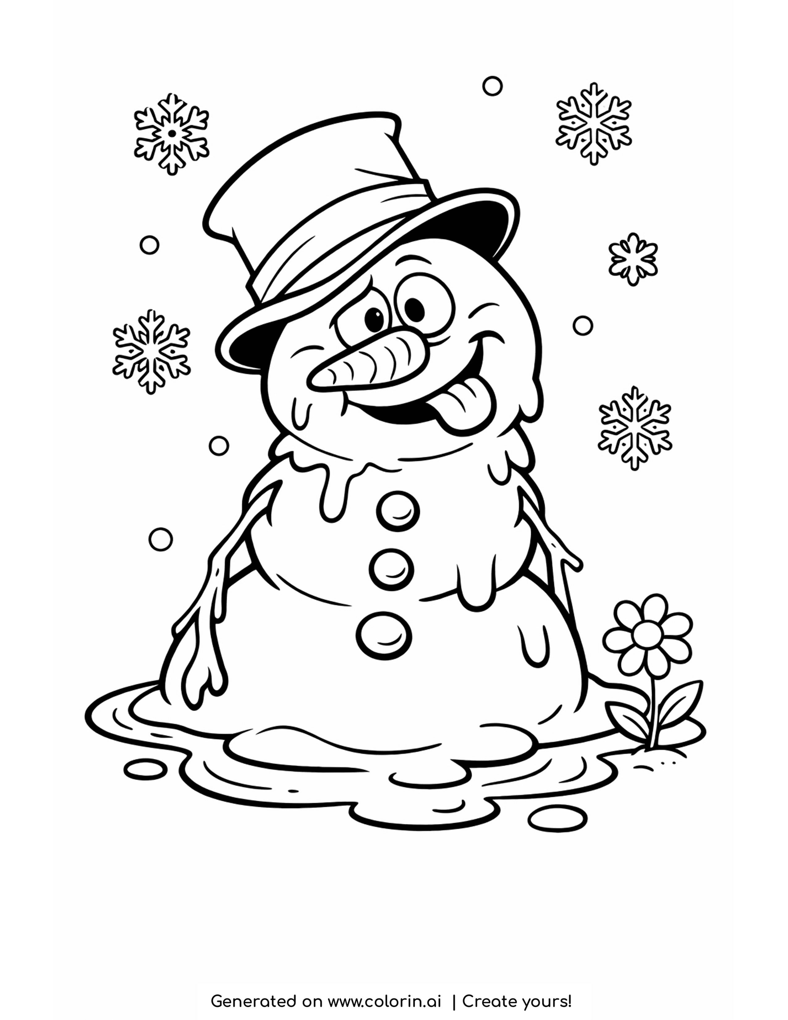 snowman coloring pages, a cheerful melting snowman in a top hat with a spring flower sprouting from the puddle