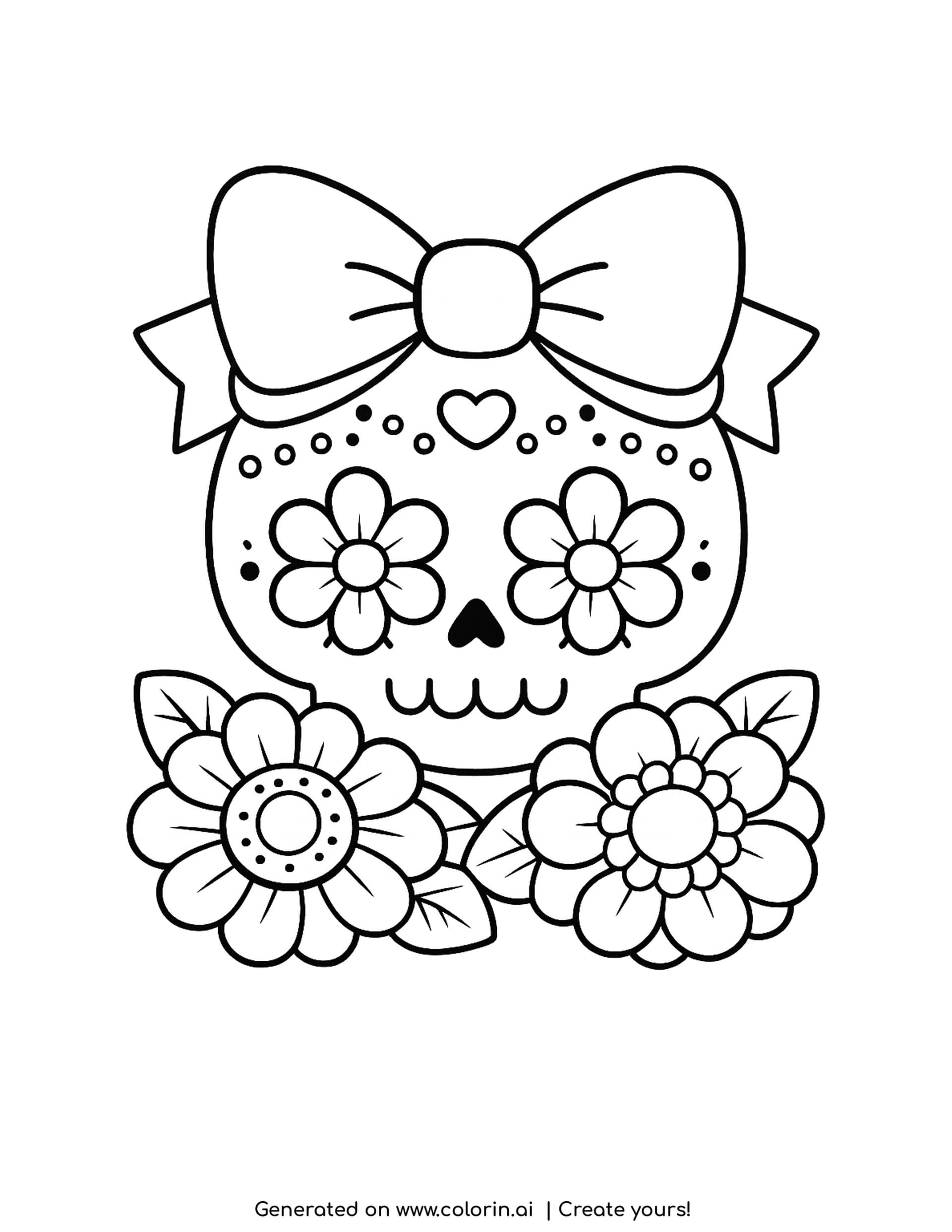 sugar skull with a bow coloring pages, smiling calavera wearing a large ribbon bow with flower eyes and two blooms below