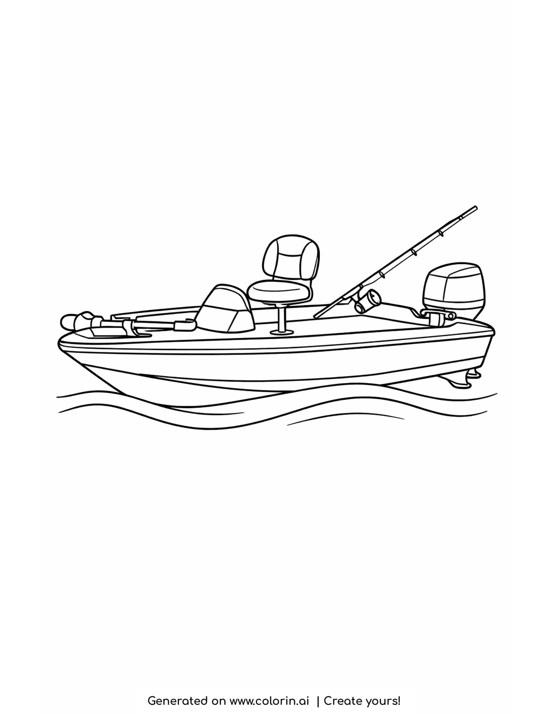 bass boat coloring page - a low bass fishing boat with a raised casting deck, a stowed trolling motor, a pedestal seat, a rod and an outboard motor