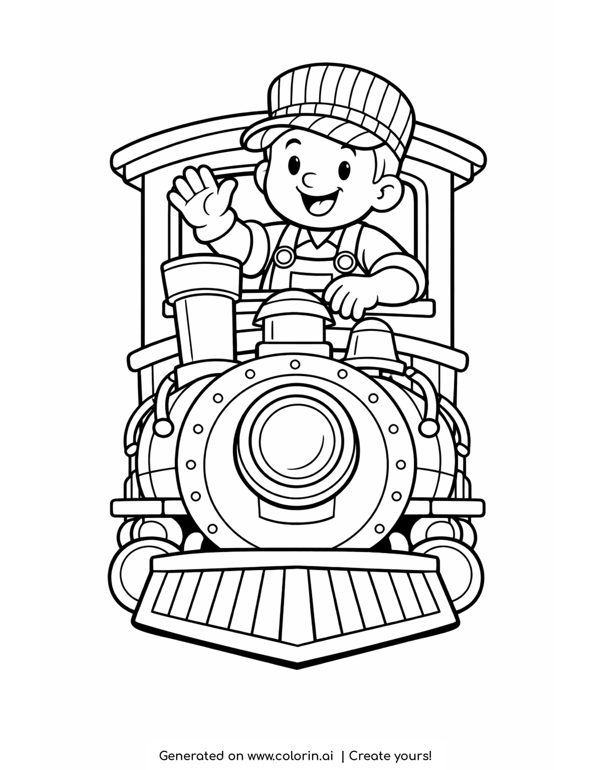 engineer coloring pages: a smiling train engineer in a striped cap waving from the cab window