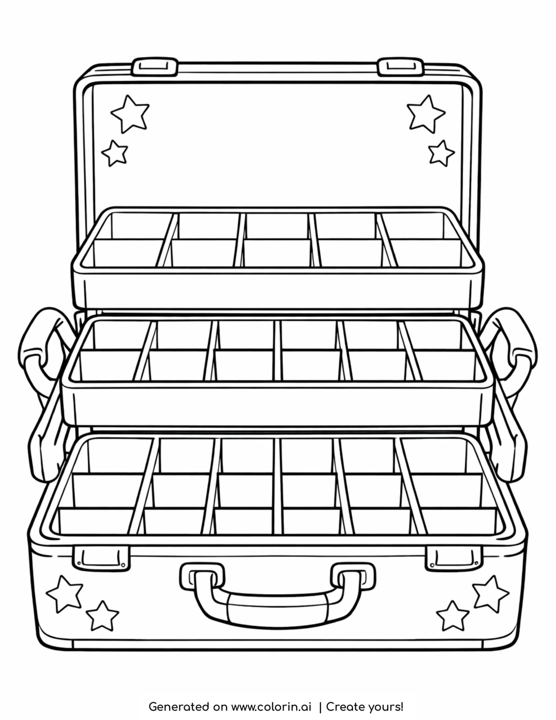 makeup case with compartments open coloring page with organized trays and stars