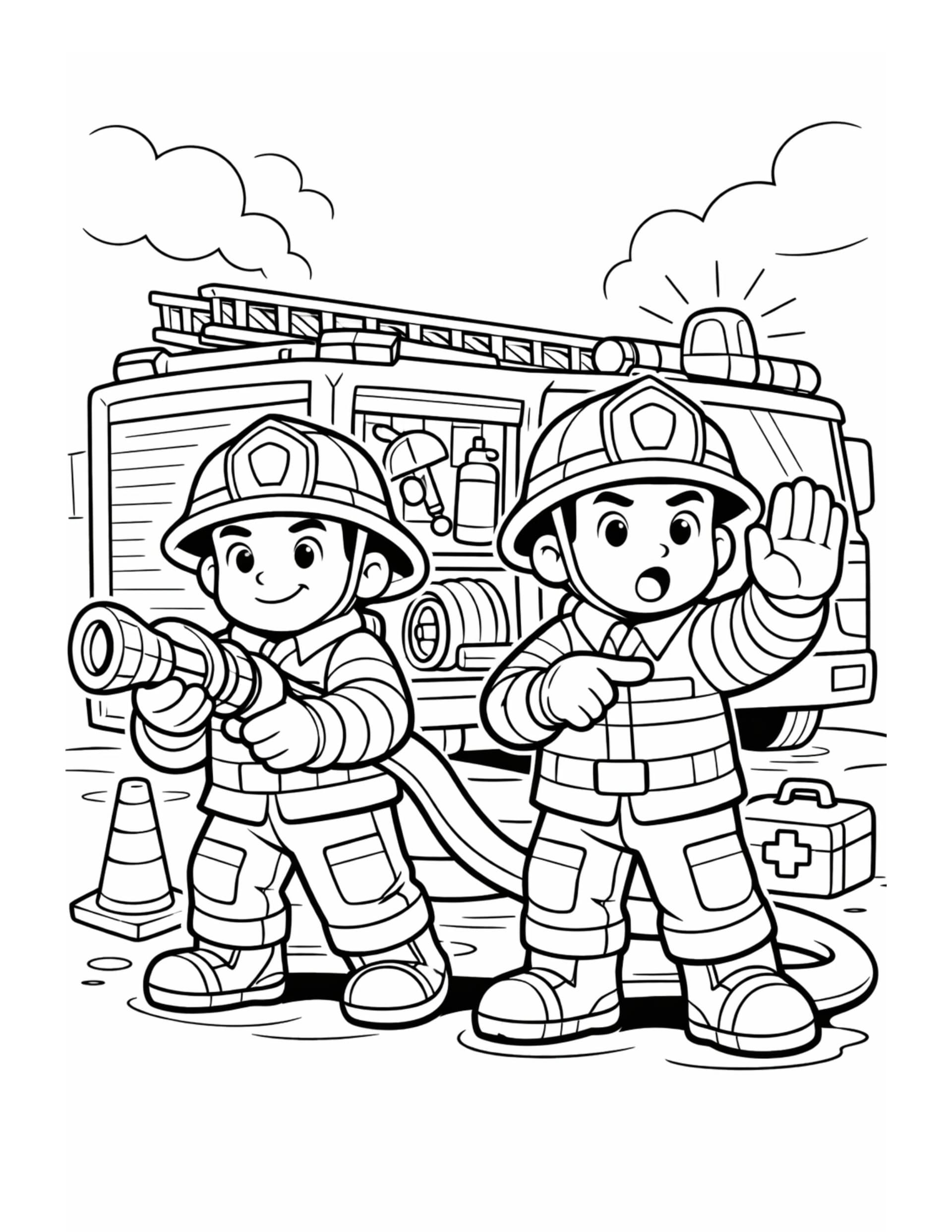 two firefighters using hose truck coloring page with a fire engine, hose line, safety cone, and first aid box coloring page
