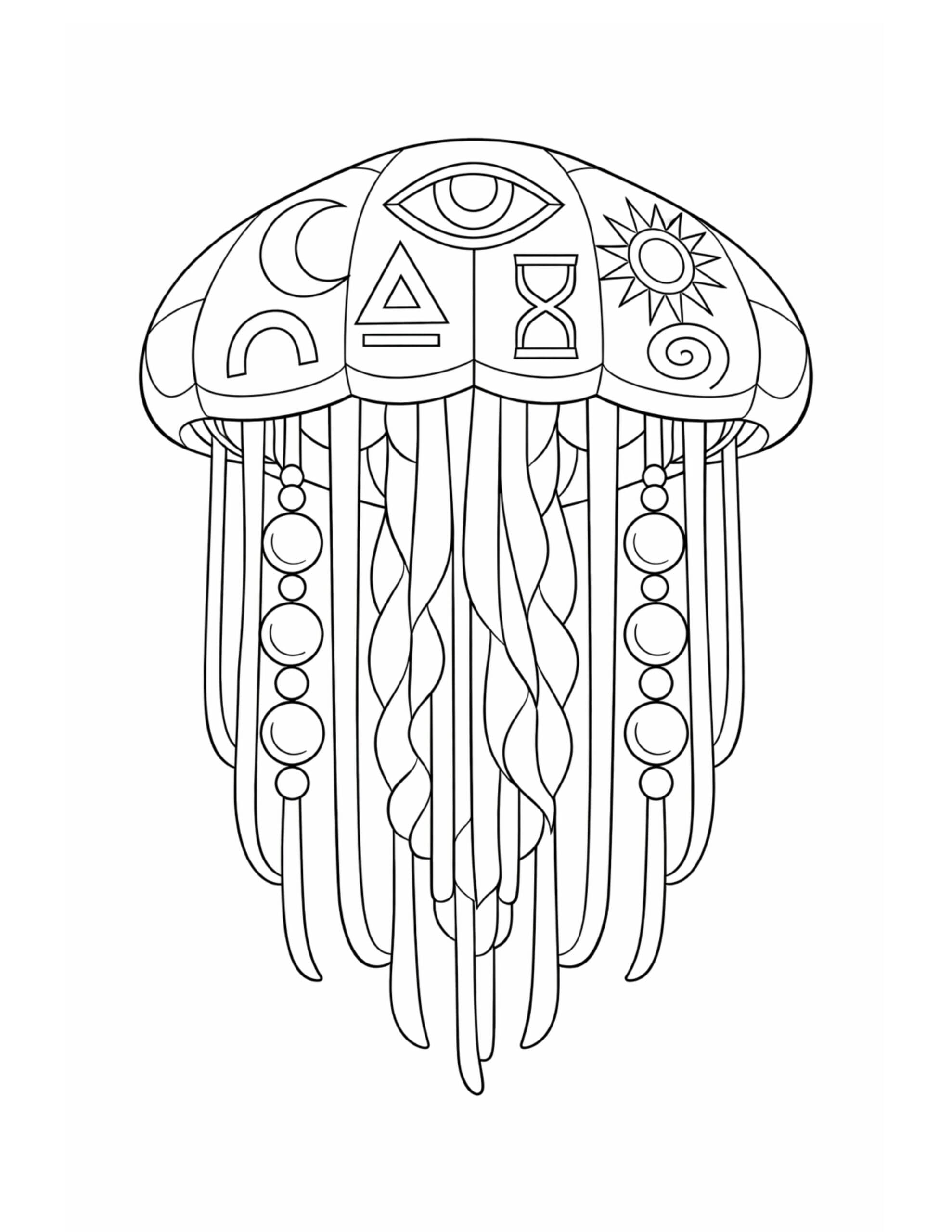 symbolic jellyfish with sacred symbols coloring page featuring a patterned jellyfish with eye sun moon motifs coloring page