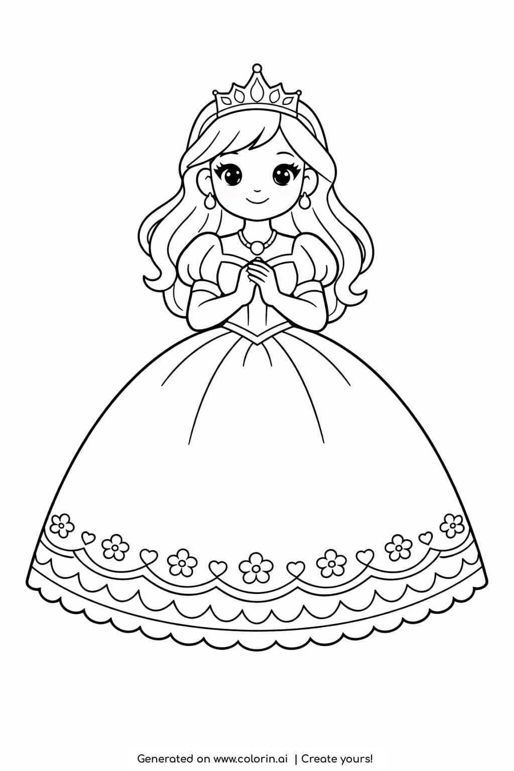 princess with wide gown coloring page with floral hem and crown coloring page