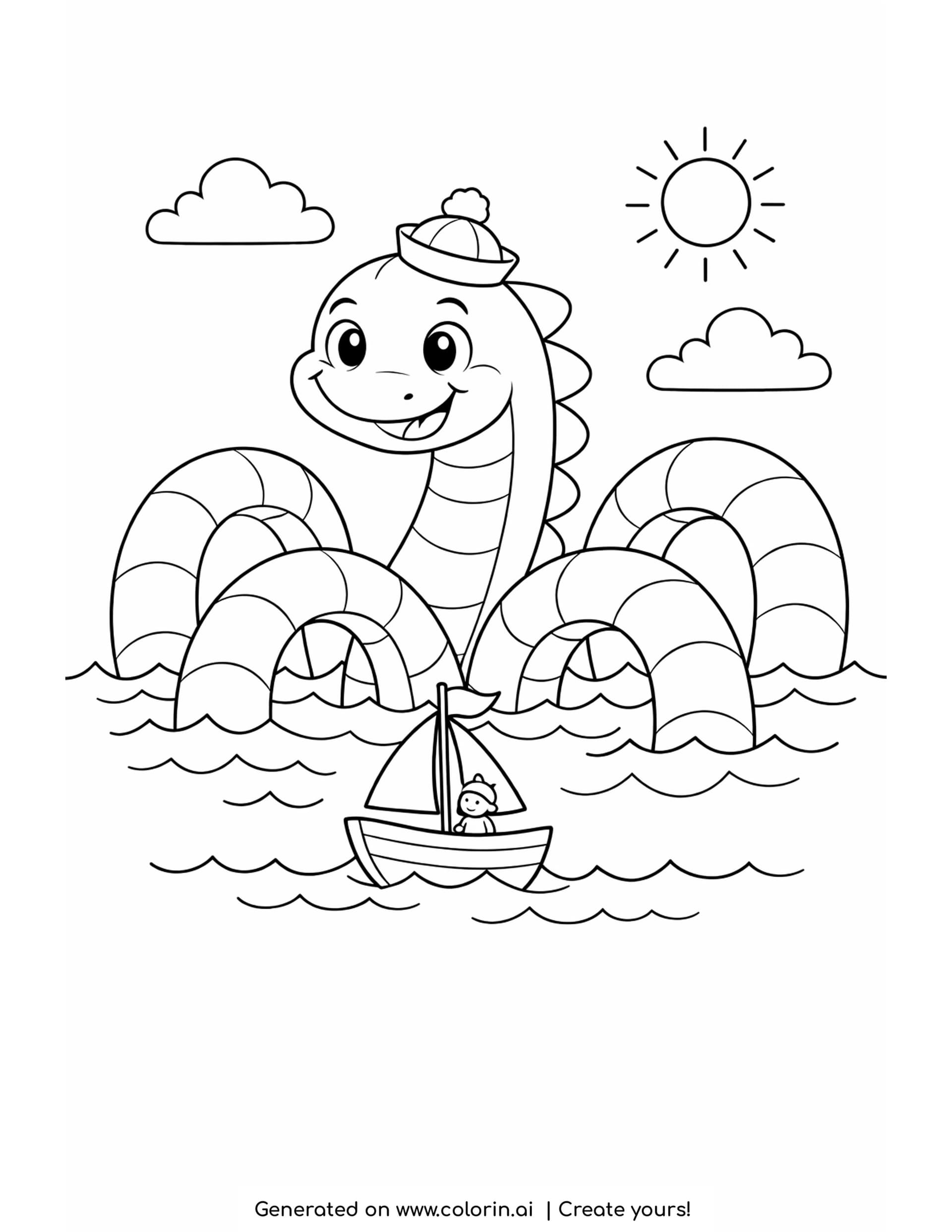 sea monster coloring pages - a friendly sea serpent in a sailor hat with four striped coils rising out of the waves and a small sailboat