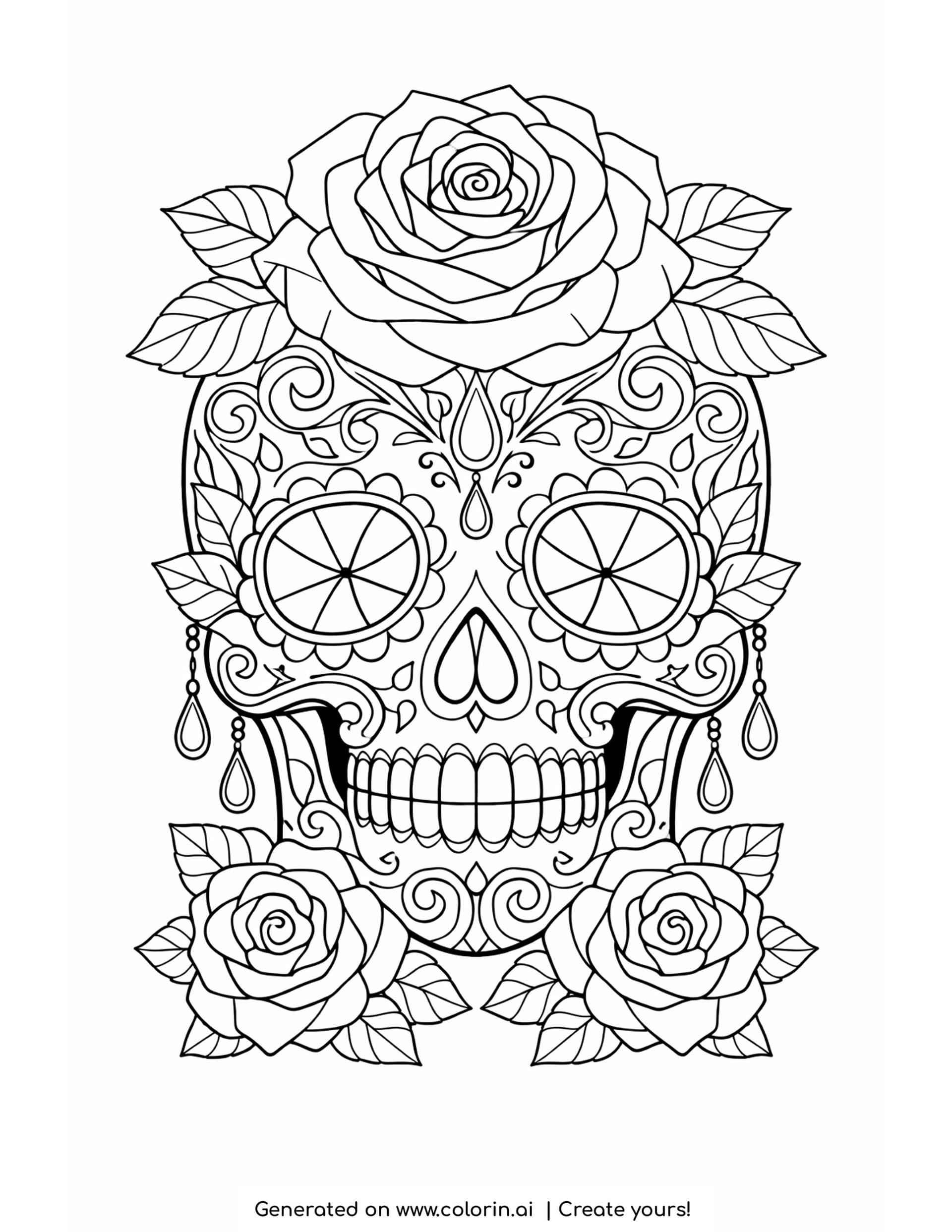 sugar skull coloring pages, ornate calavera with a large rose on the crown, hanging teardrop pendants and dense scrollwork