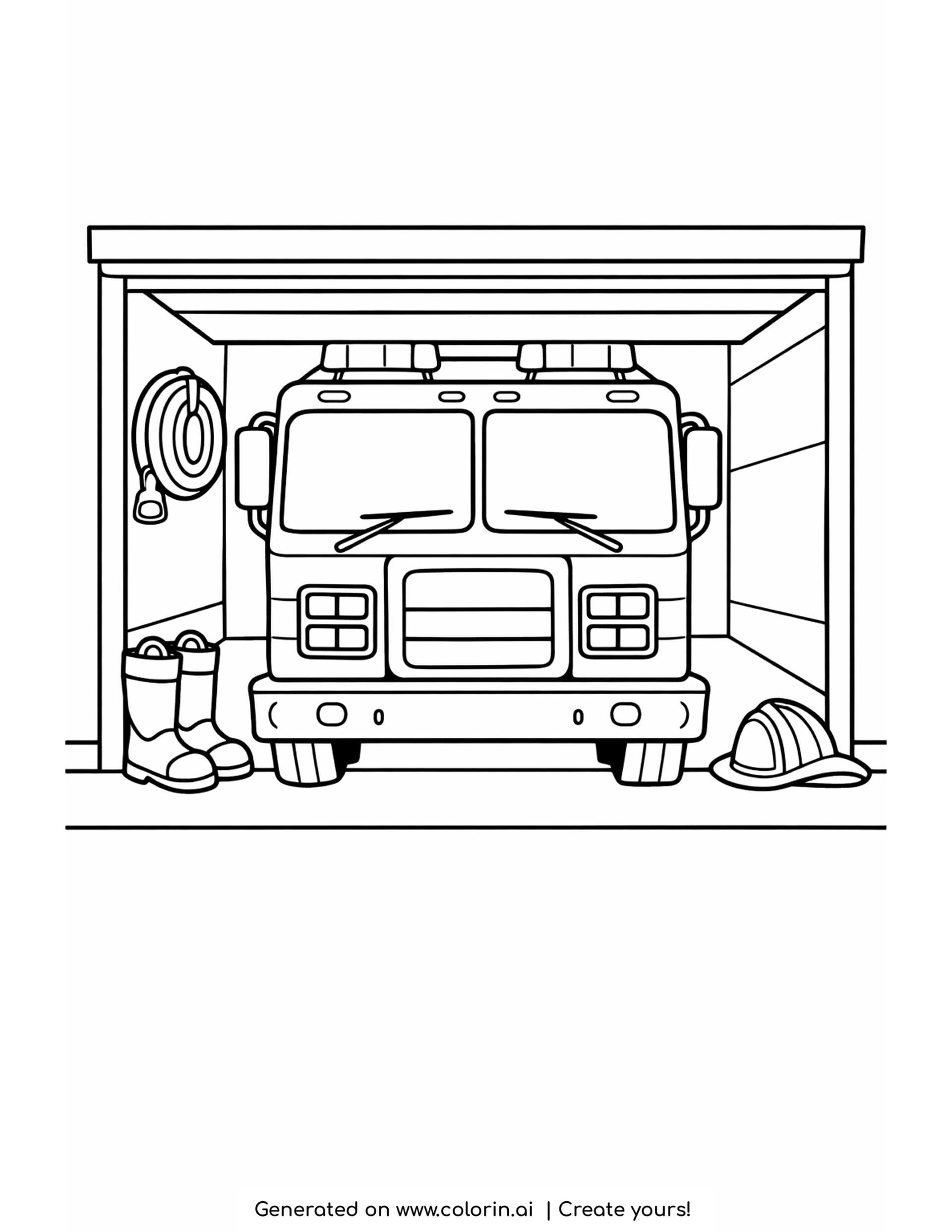 fire truck at the station coloring pages: a fire engine parked in an open bay with boots and a helmet