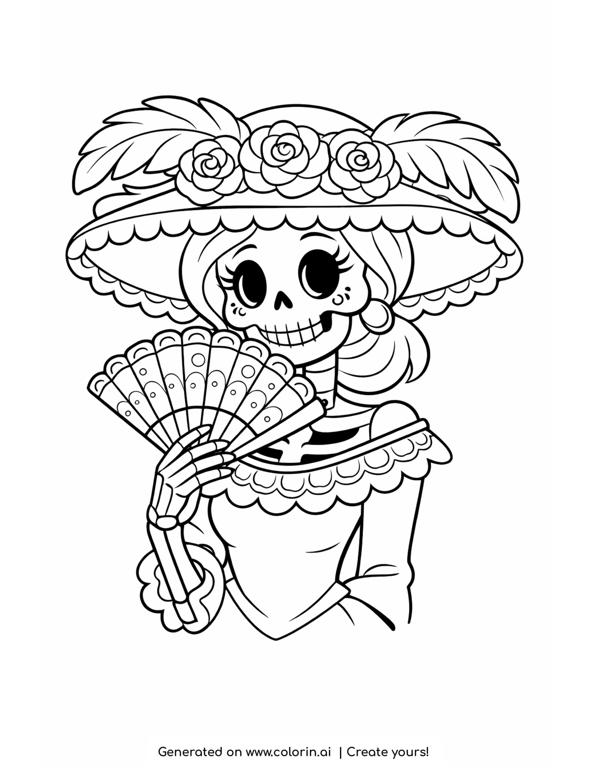 catrina hat coloring pages, catrina in a wide brimmed hat with roses and feathers holding a folded fan