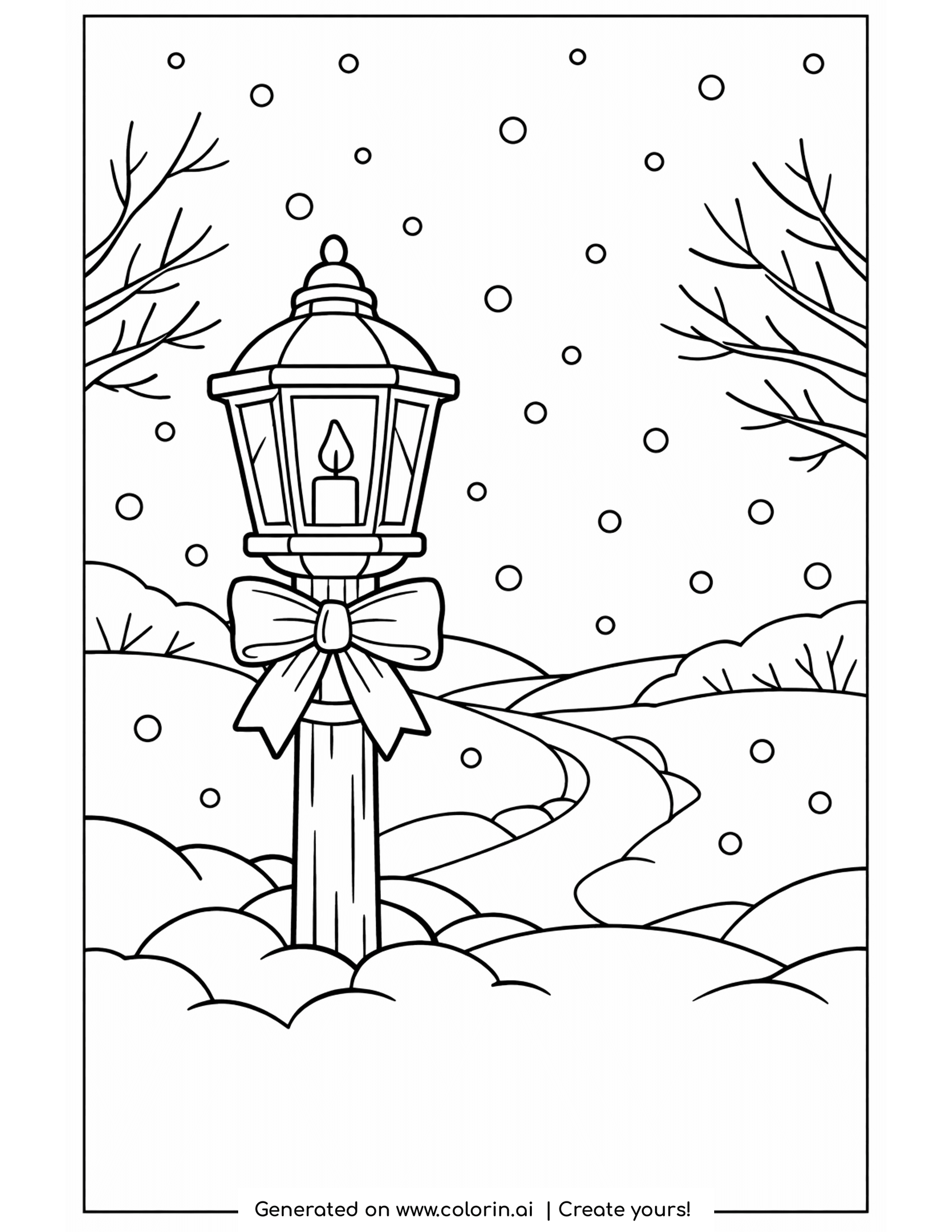 winter coloring pages, a lamppost lantern with a bow glowing over a snowy path