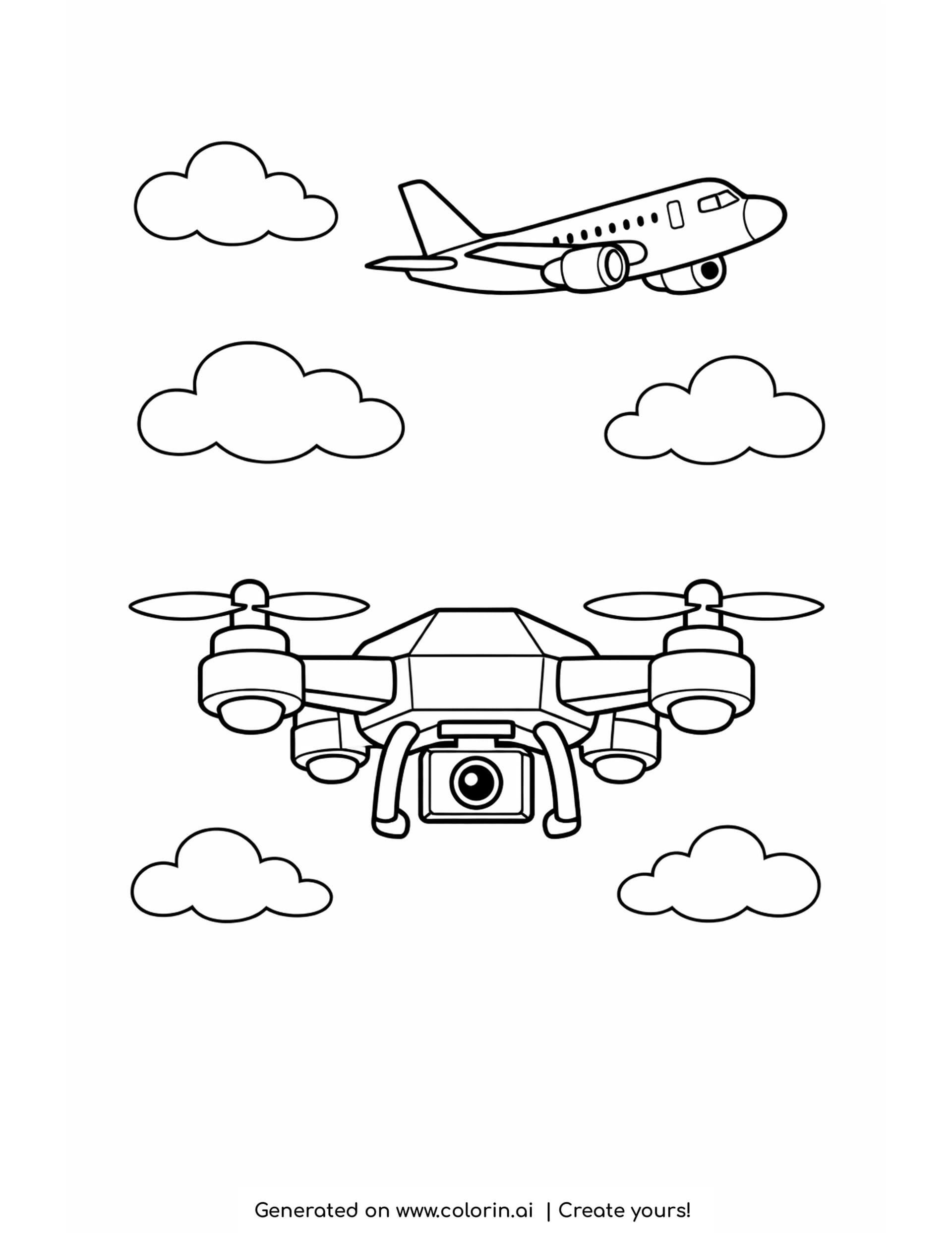drone coloring pages — four rotor camera drone hovering with an airplane crossing the sky above