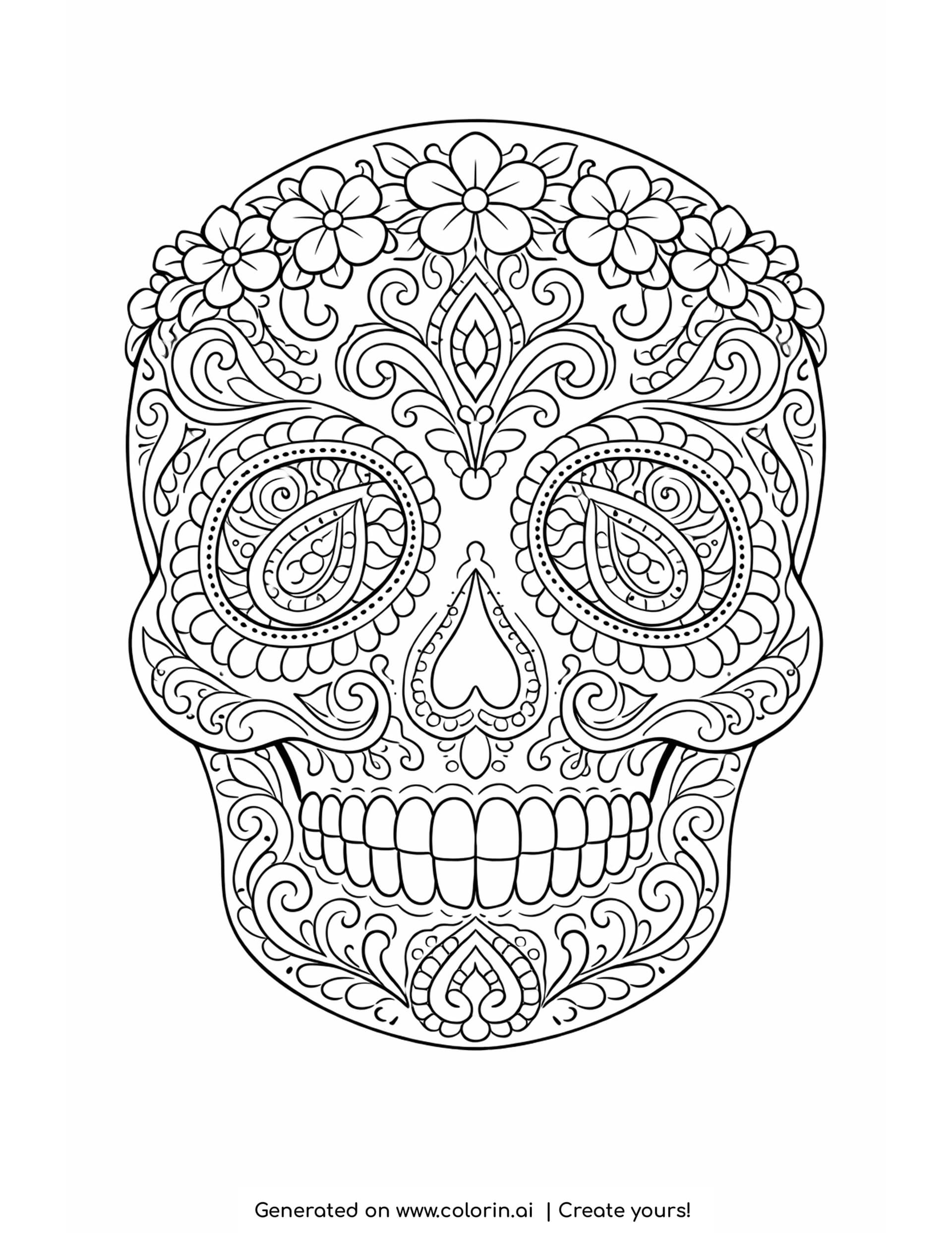 sugar skull paisley coloring pages, calavera filled with interlocking paisley teardrops and a row of small flowers