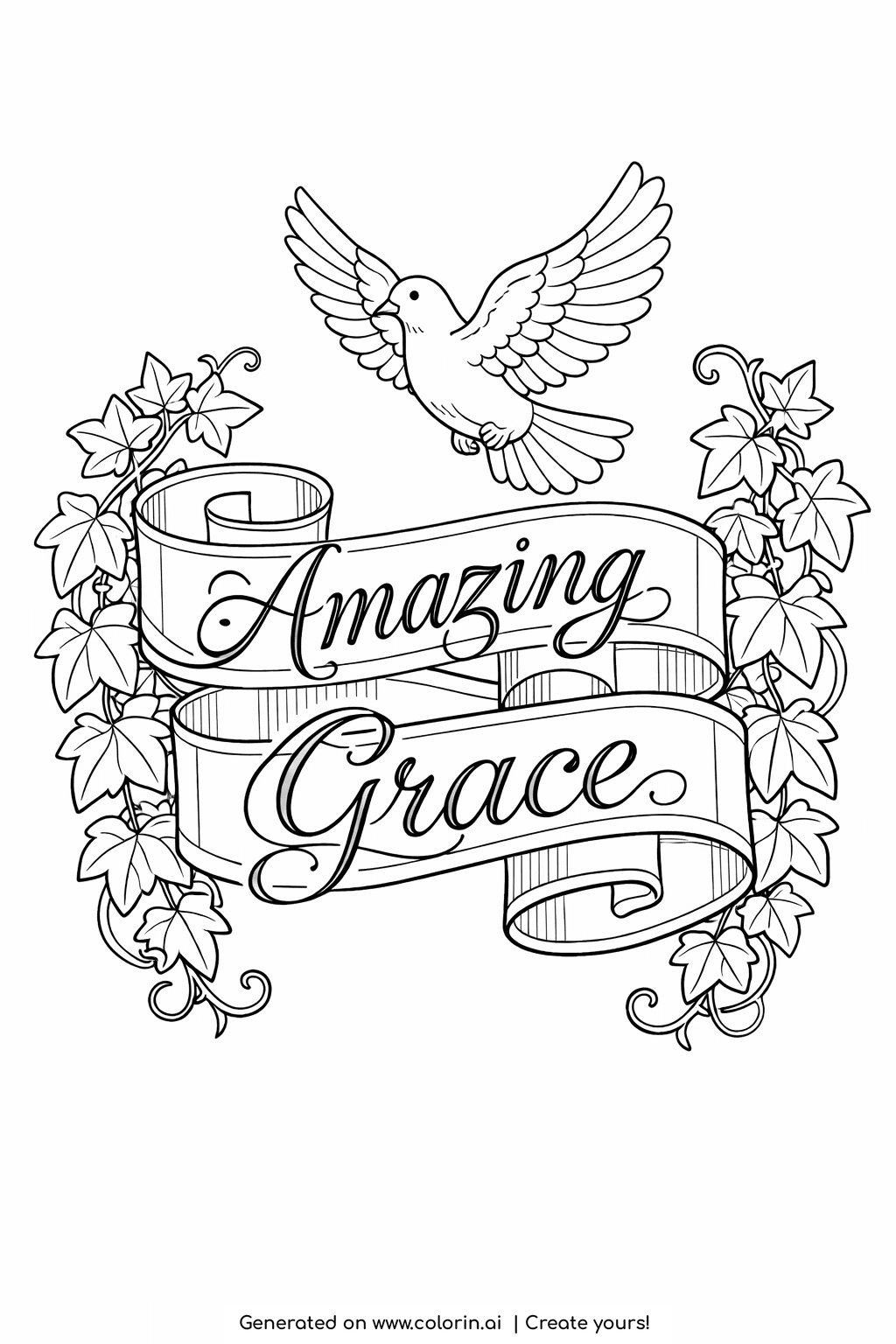 bible verse coloring pages for adults, Amazing Grace lettering on a scrolling banner with a dove and ivy