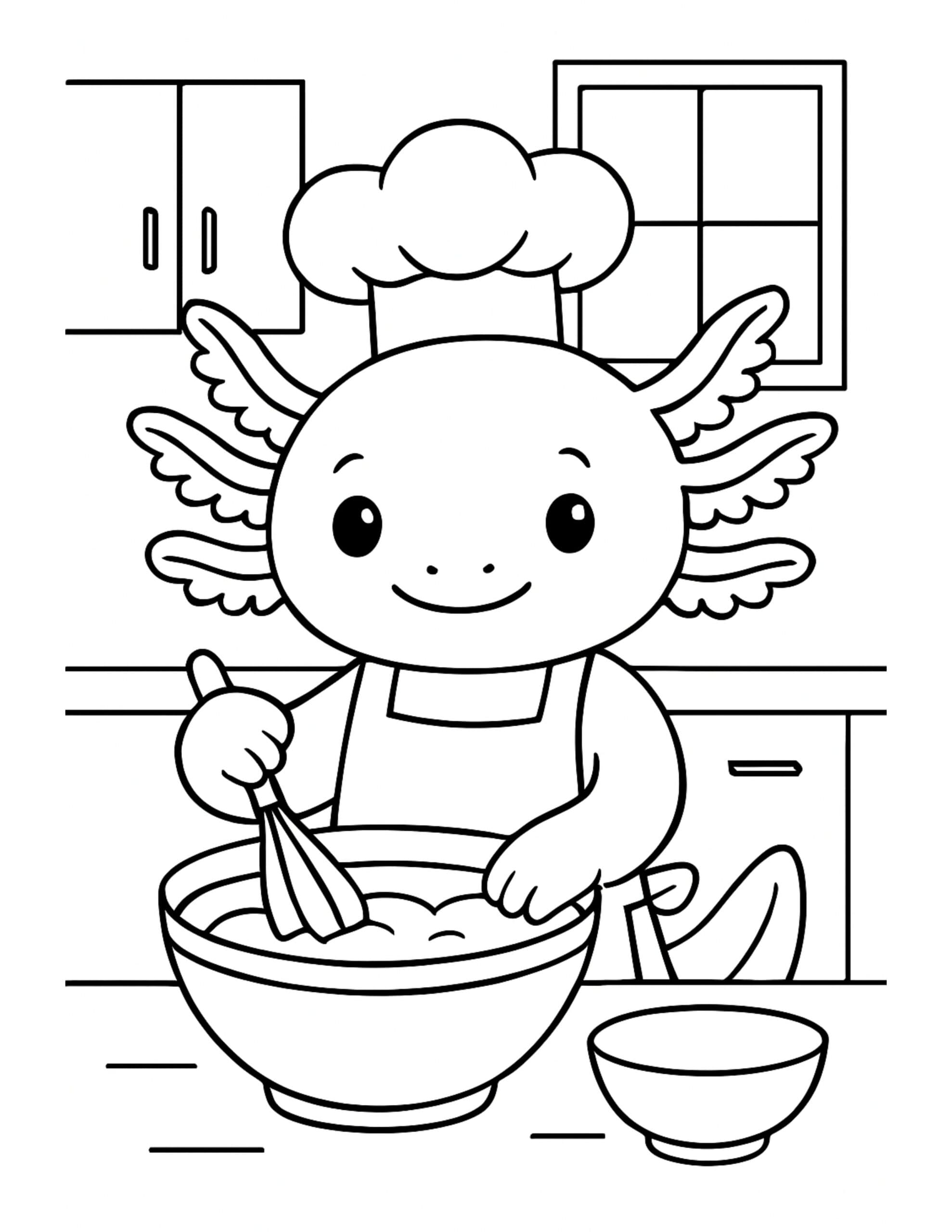 axolotl whisking batter in kitchen coloring page, cute chef axolotl with apron and mixing bowl coloring page