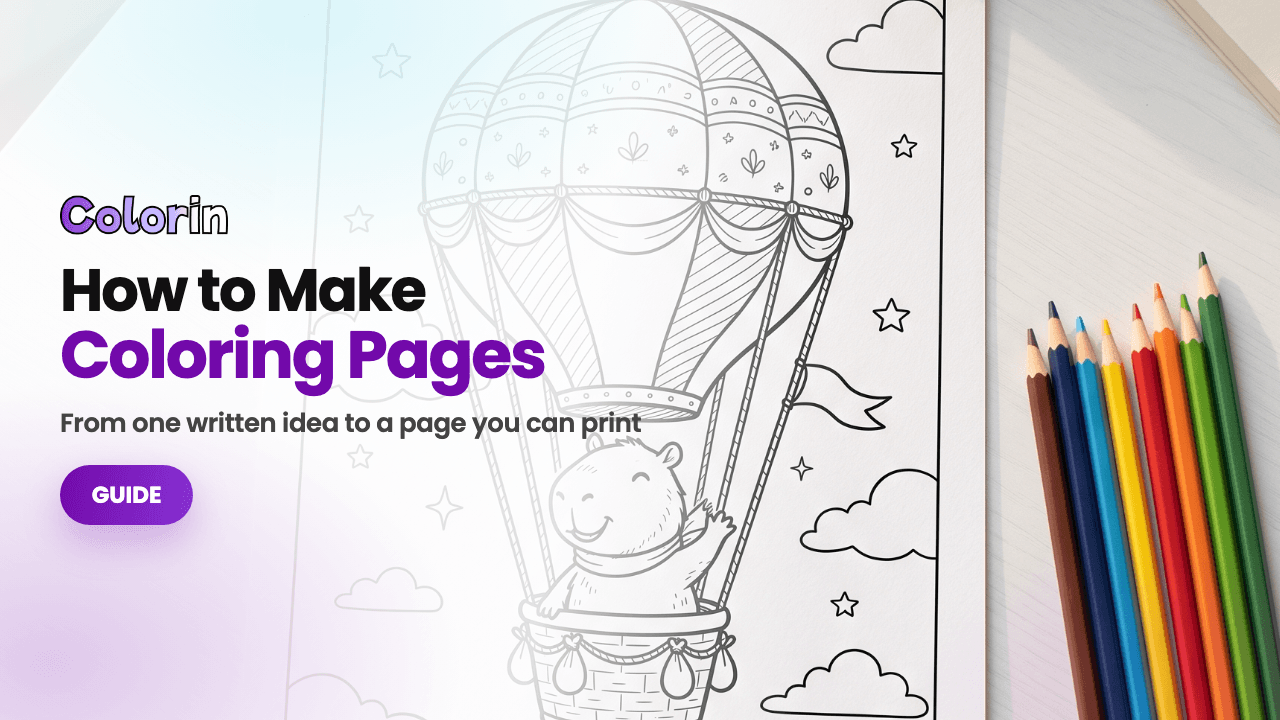 How to Make Coloring Pages: a page just made, beside colored pencils
