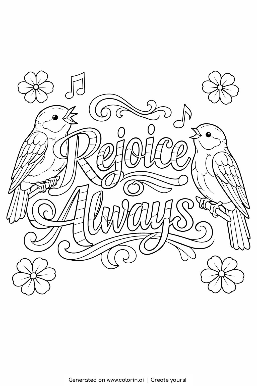 encouraging bible verse coloring pages, Rejoice Always lettering with singing birds, flowers, and musical notes