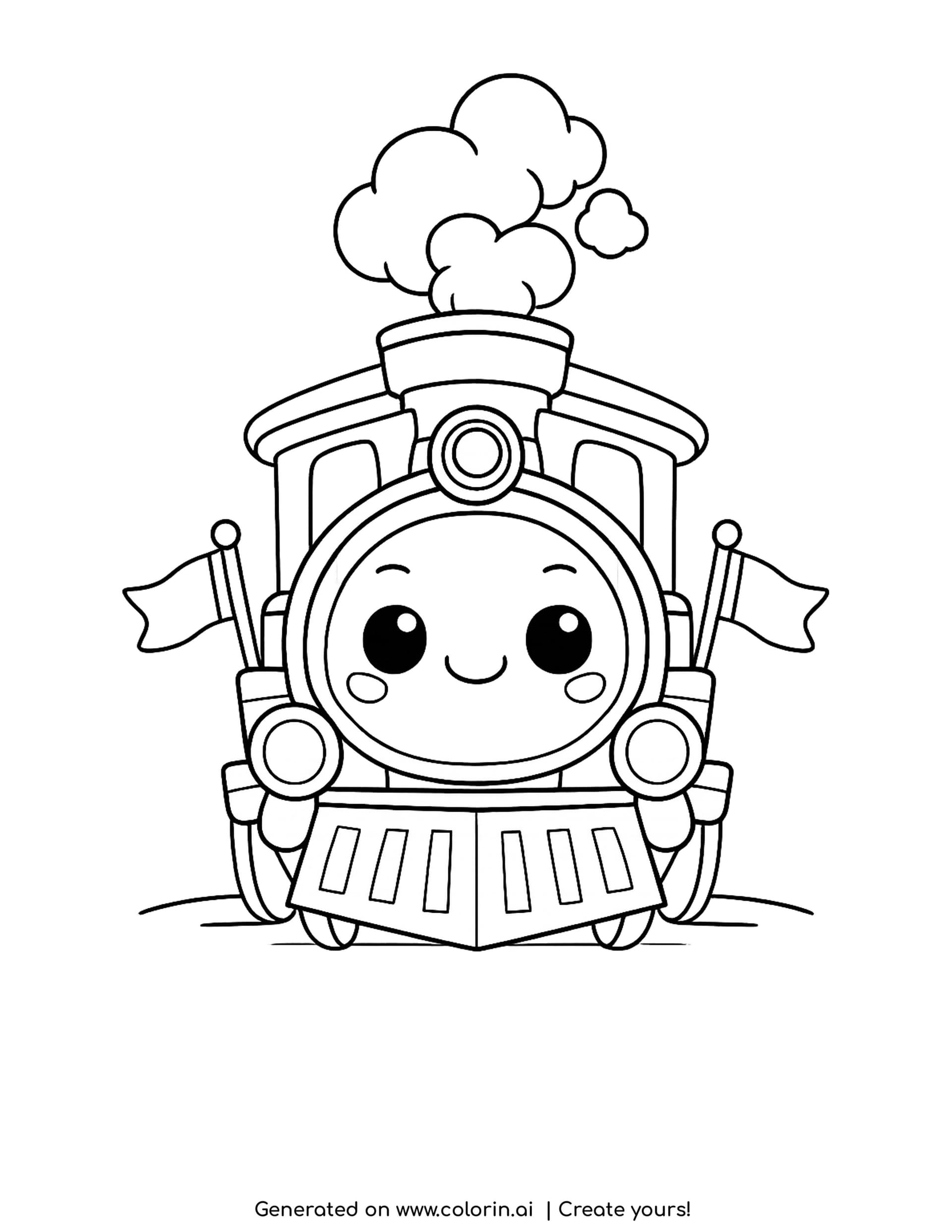 steam engine coloring pages: a smiling engine seen head on with two side flags and curling smoke