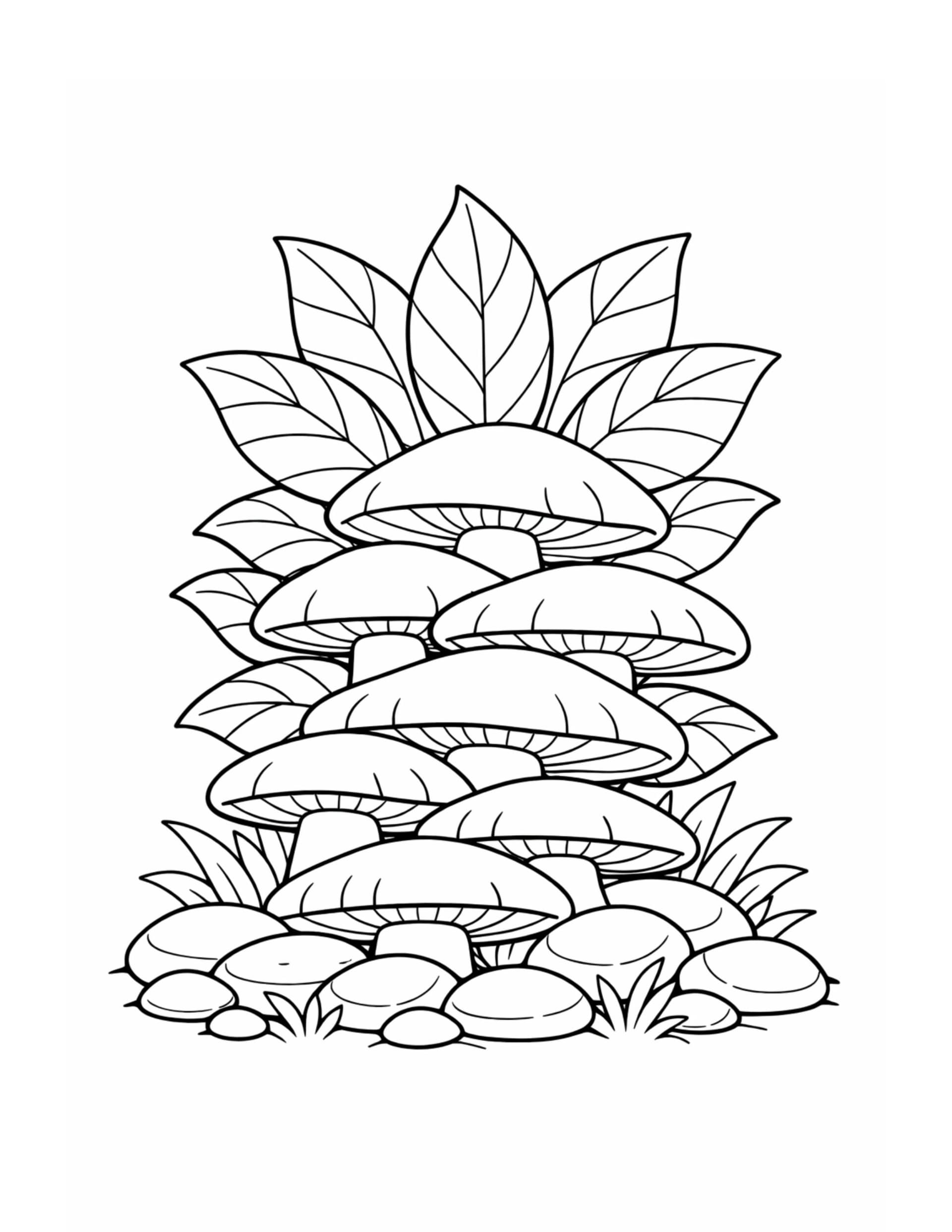 stacked mushrooms with leafy backdrop coloring page with layered caps, big leaves, stones, and grass coloring page