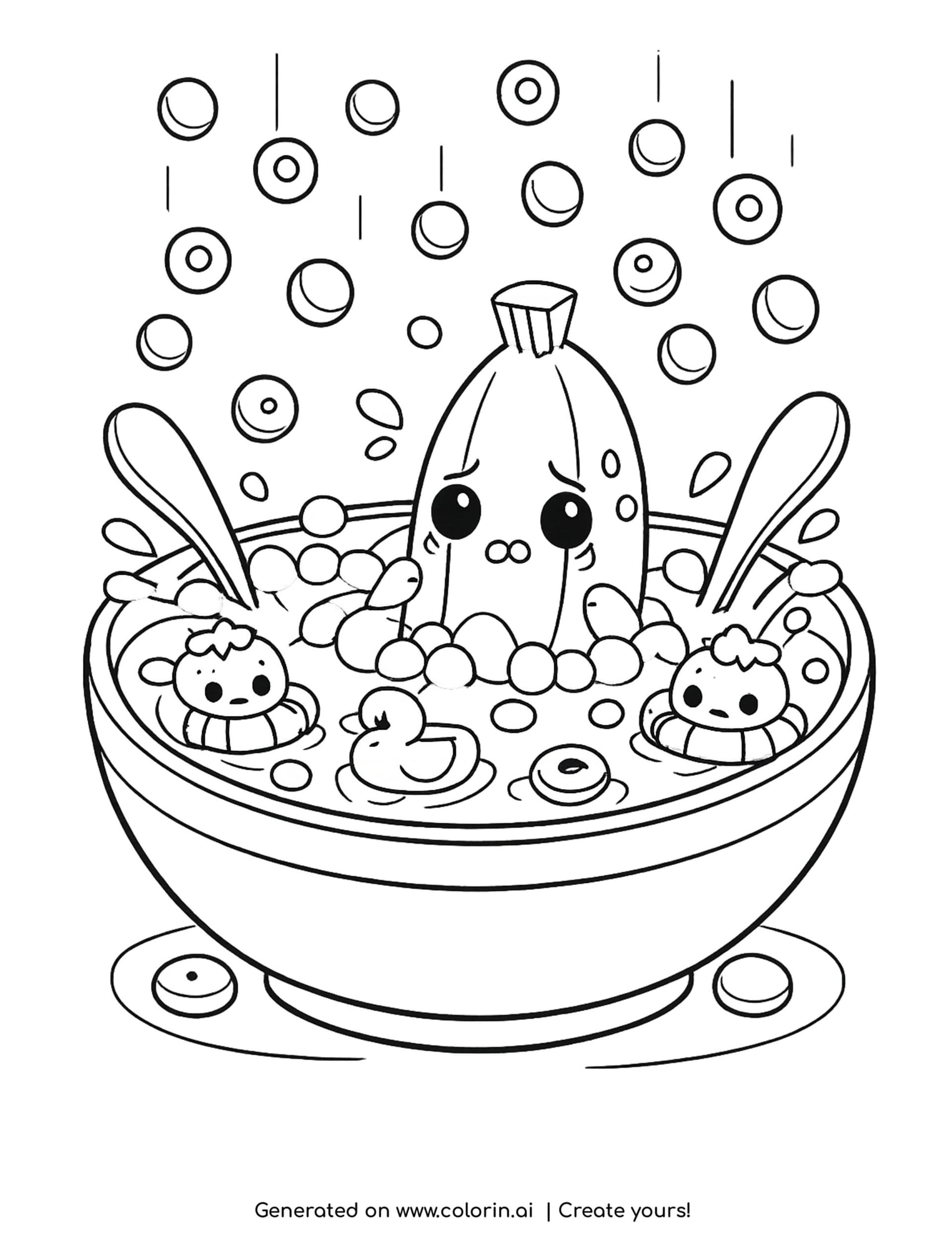 banana floating in cereal bowl coloring page with strawberries and bubbles