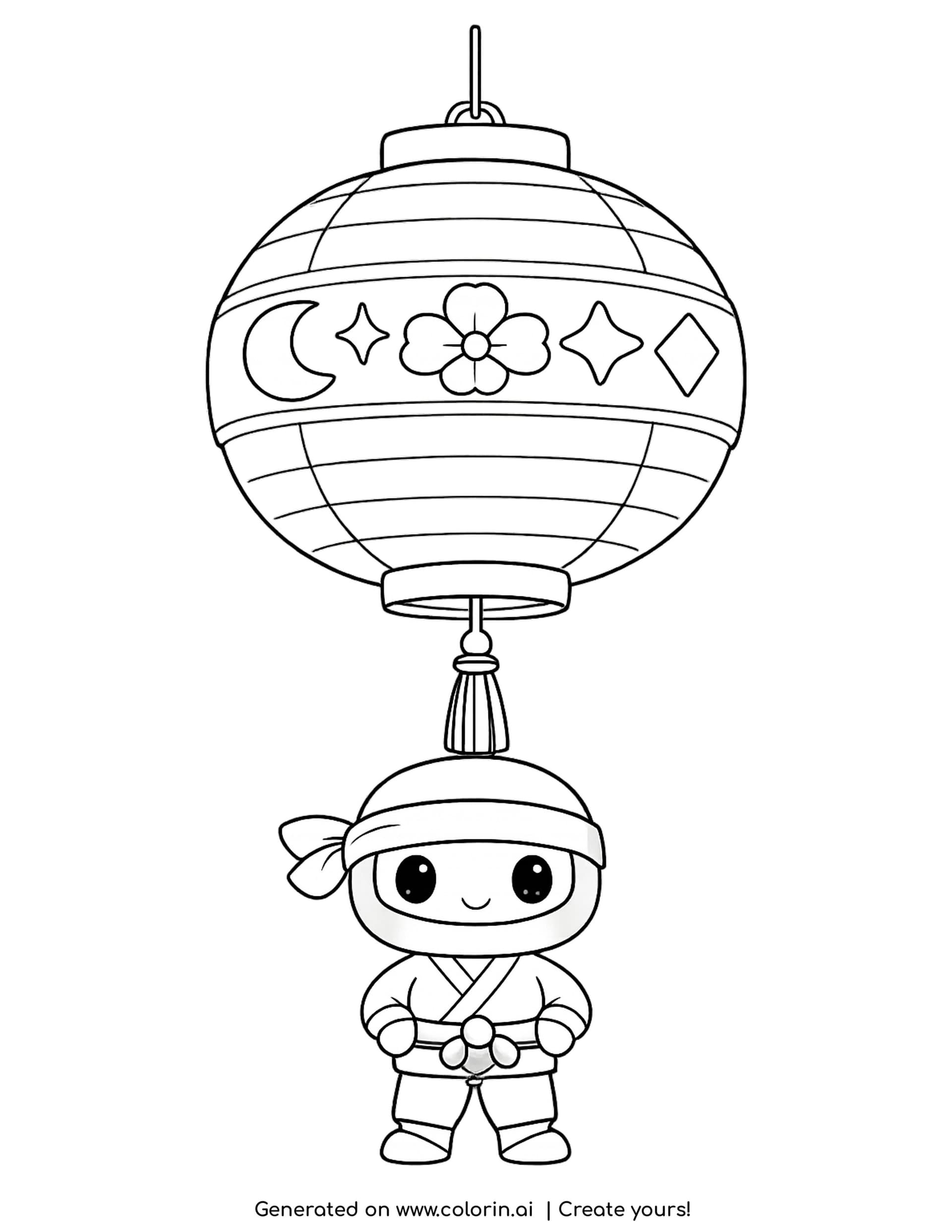 japanese lantern coloring pages - round ribbed paper lantern with a decorated band and a tassel, with a ninja below