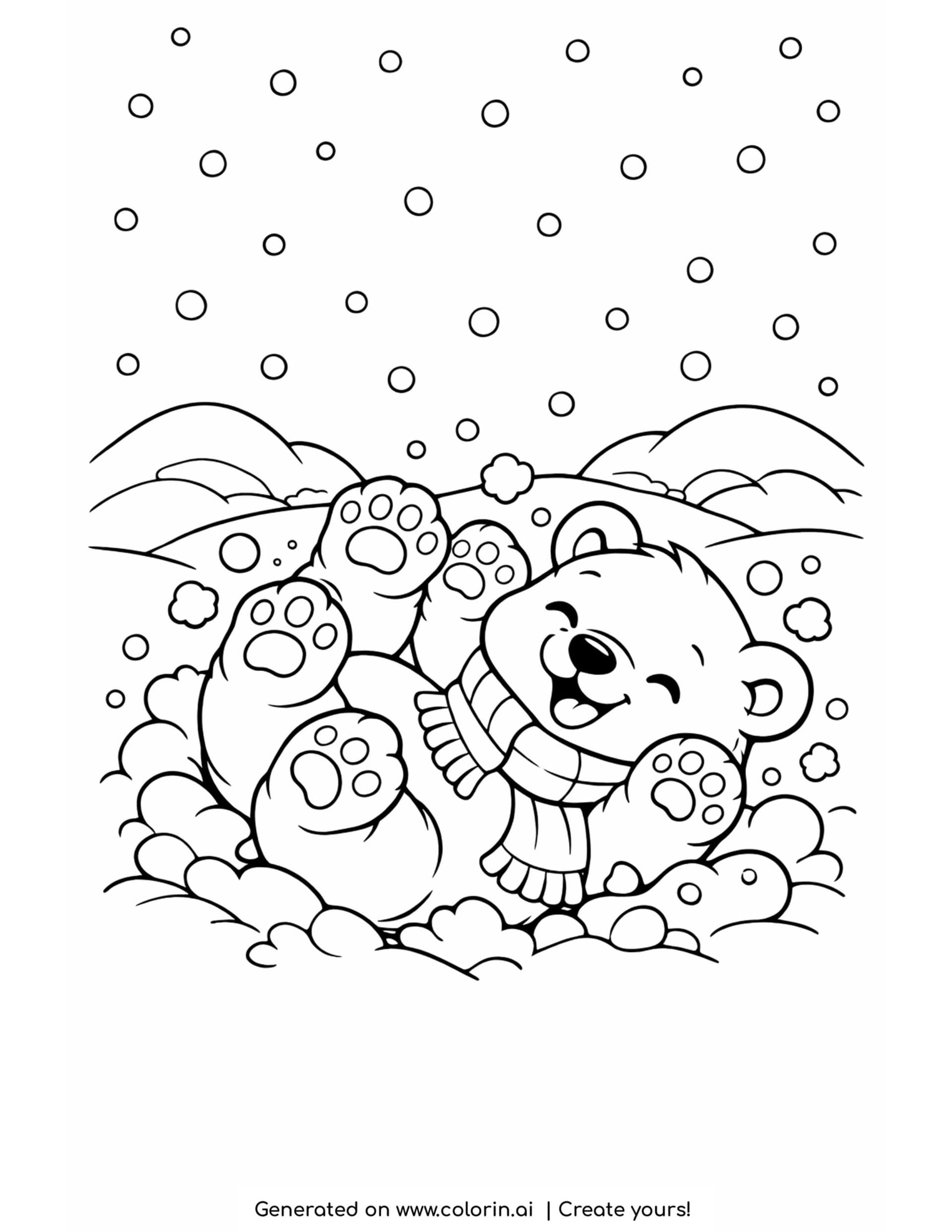 polar bear coloring pages, a happy polar bear cub tumbling in fresh snow wearing a scarf with snowflakes