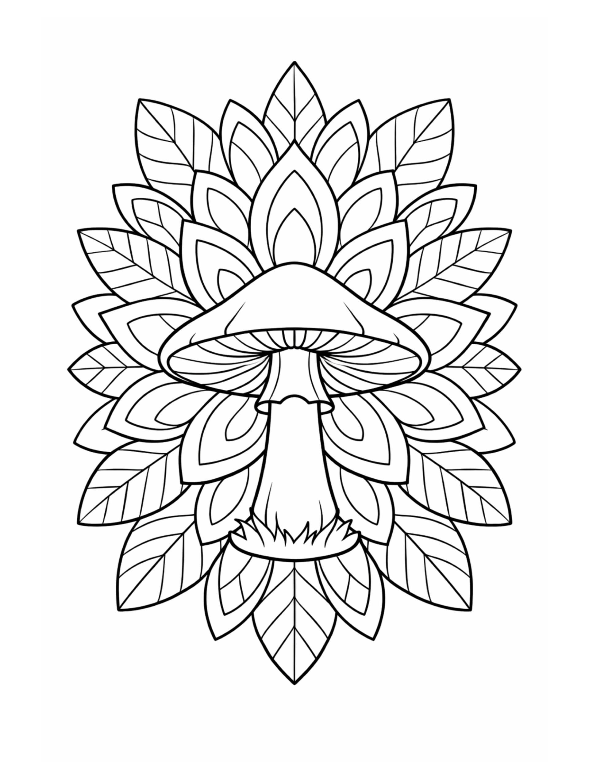 mushroom mandala leaf pattern coloring page with a centered mushroom, layered leaf petals, and bold outlines coloring page
