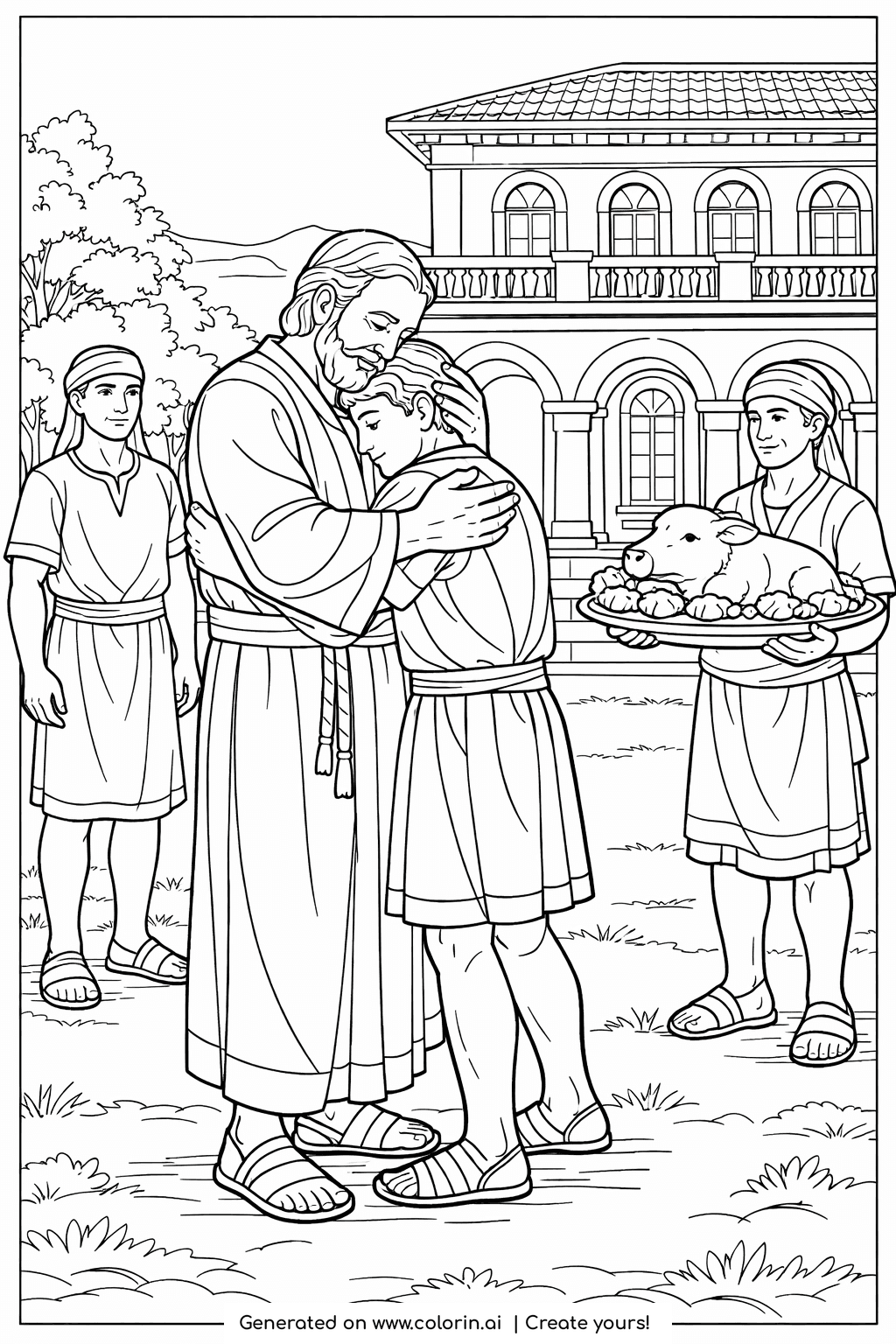bible coloring pages for adults, the prodigal son's welcome with a father embracing his son outside a grand villa