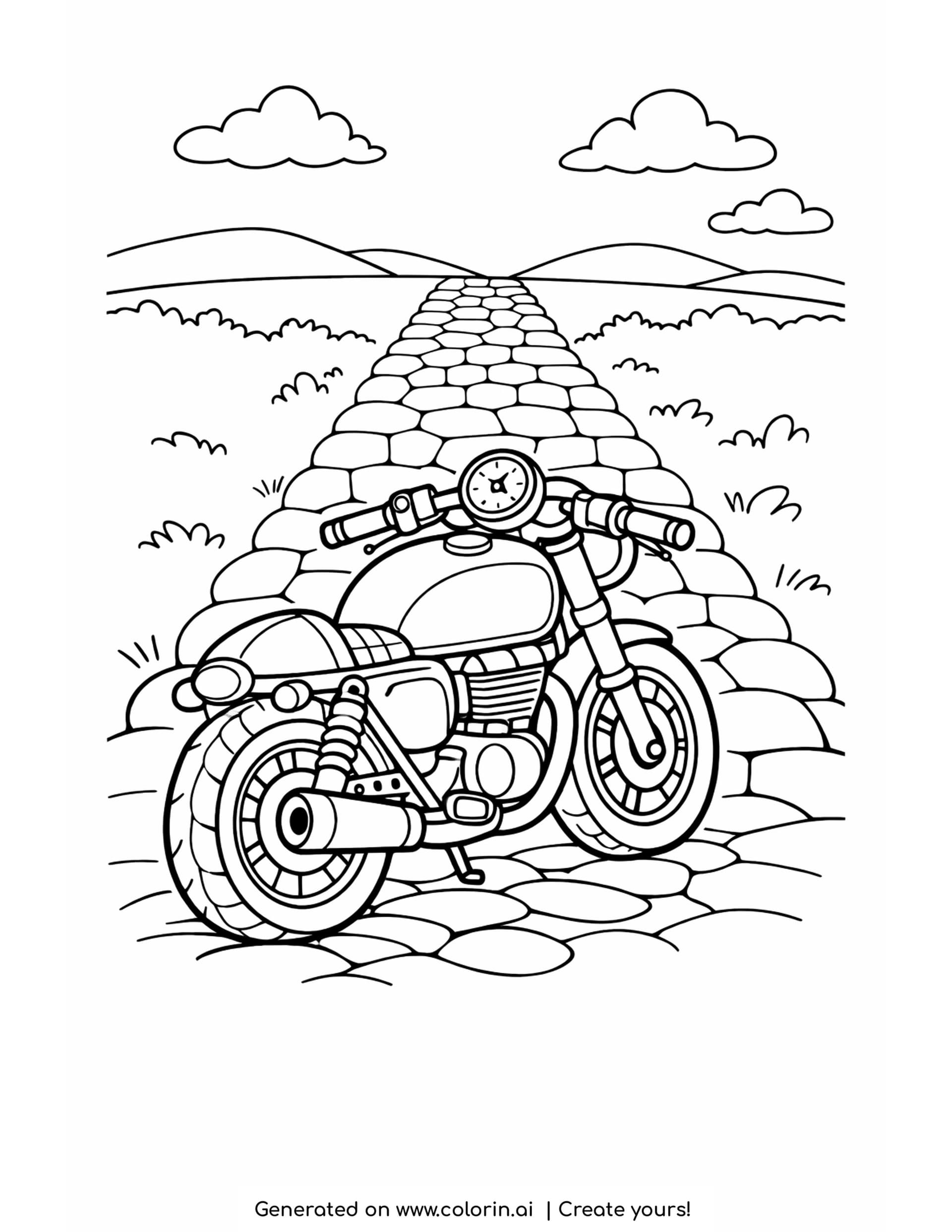 cafe racer coloring pages - lean cafe racer motorbike parked on a cobbled road that runs away up the page