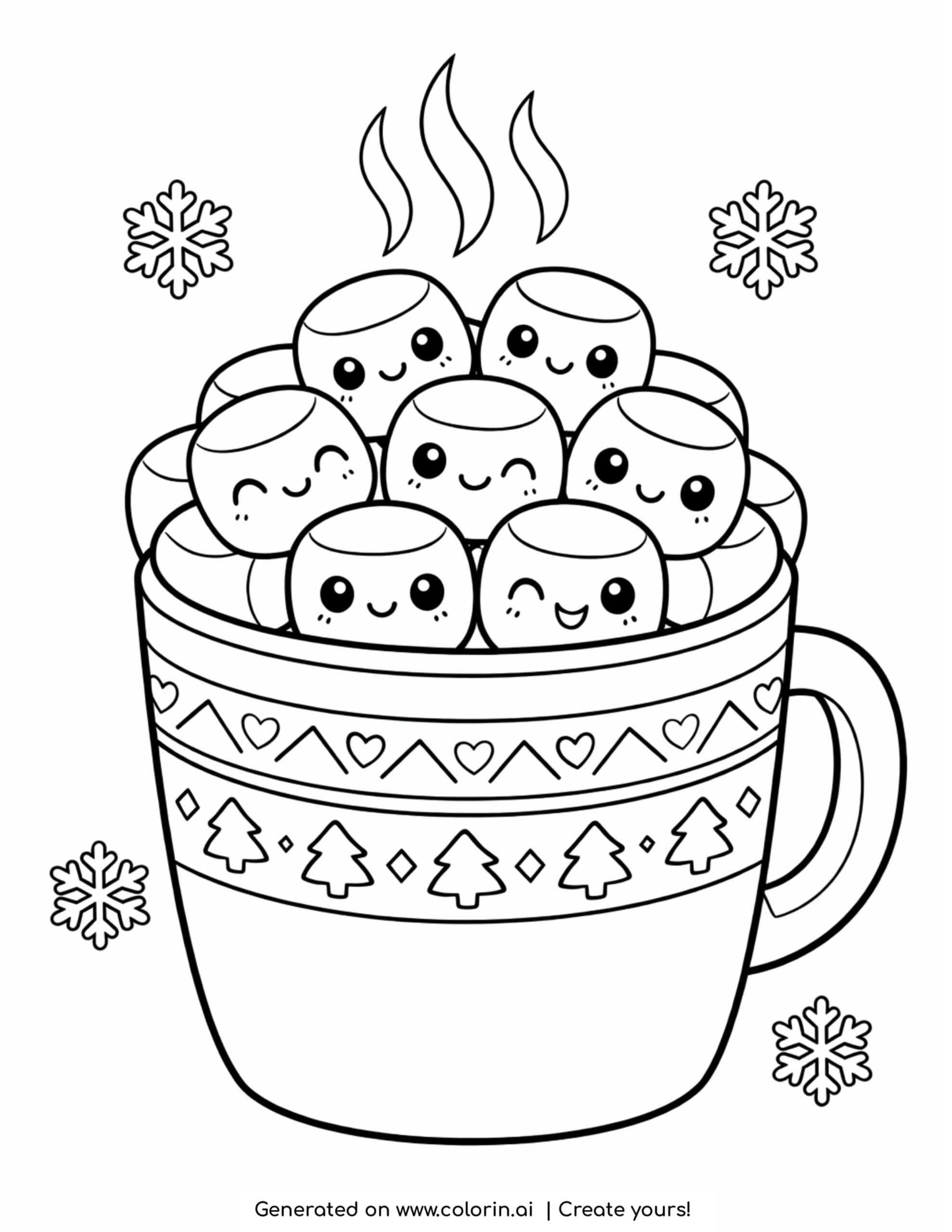 marshmallow coloring pages, a cup filled with smiling marshmallows and rising steam