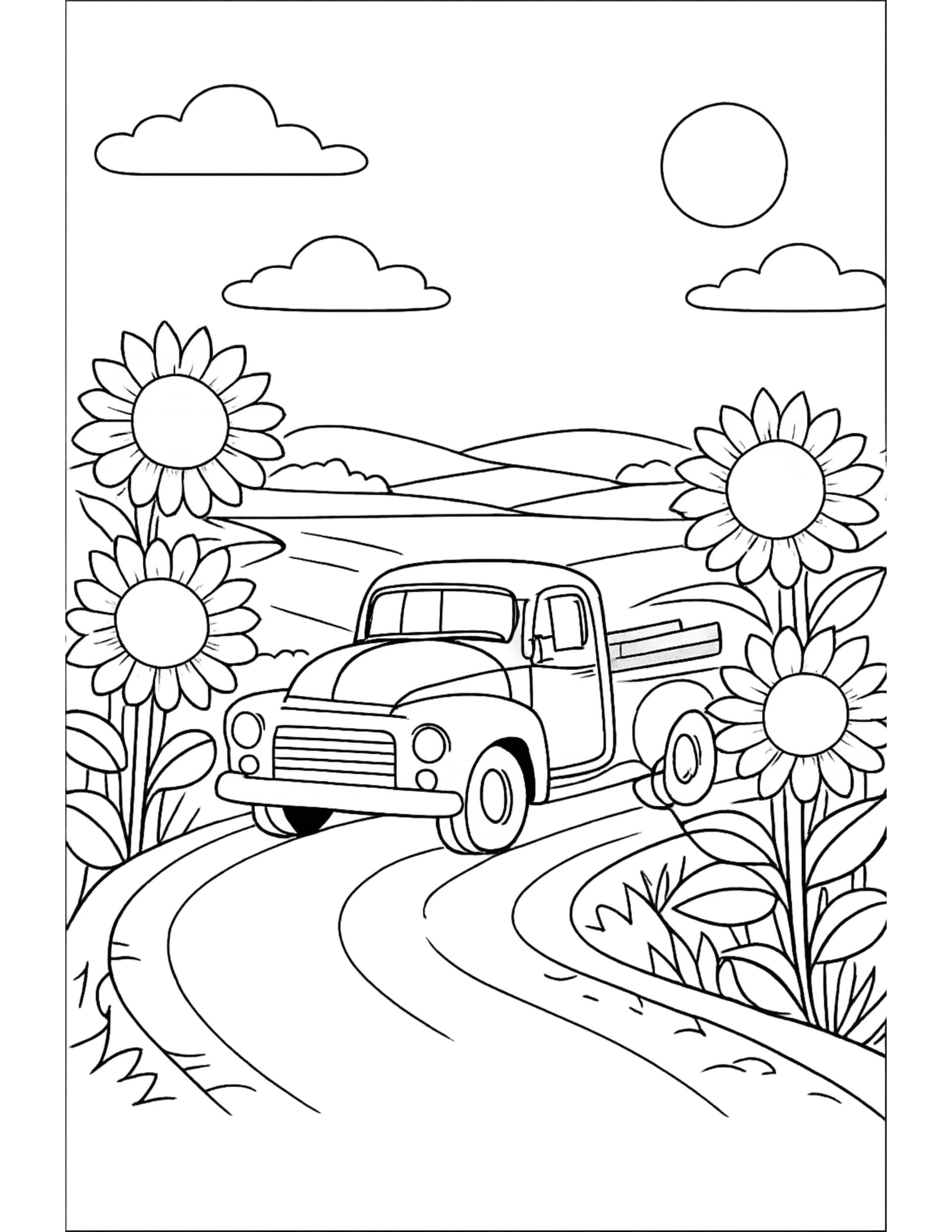 pickup truck driving past sunflowers coloring page with a vintage truck on a country road coloring page