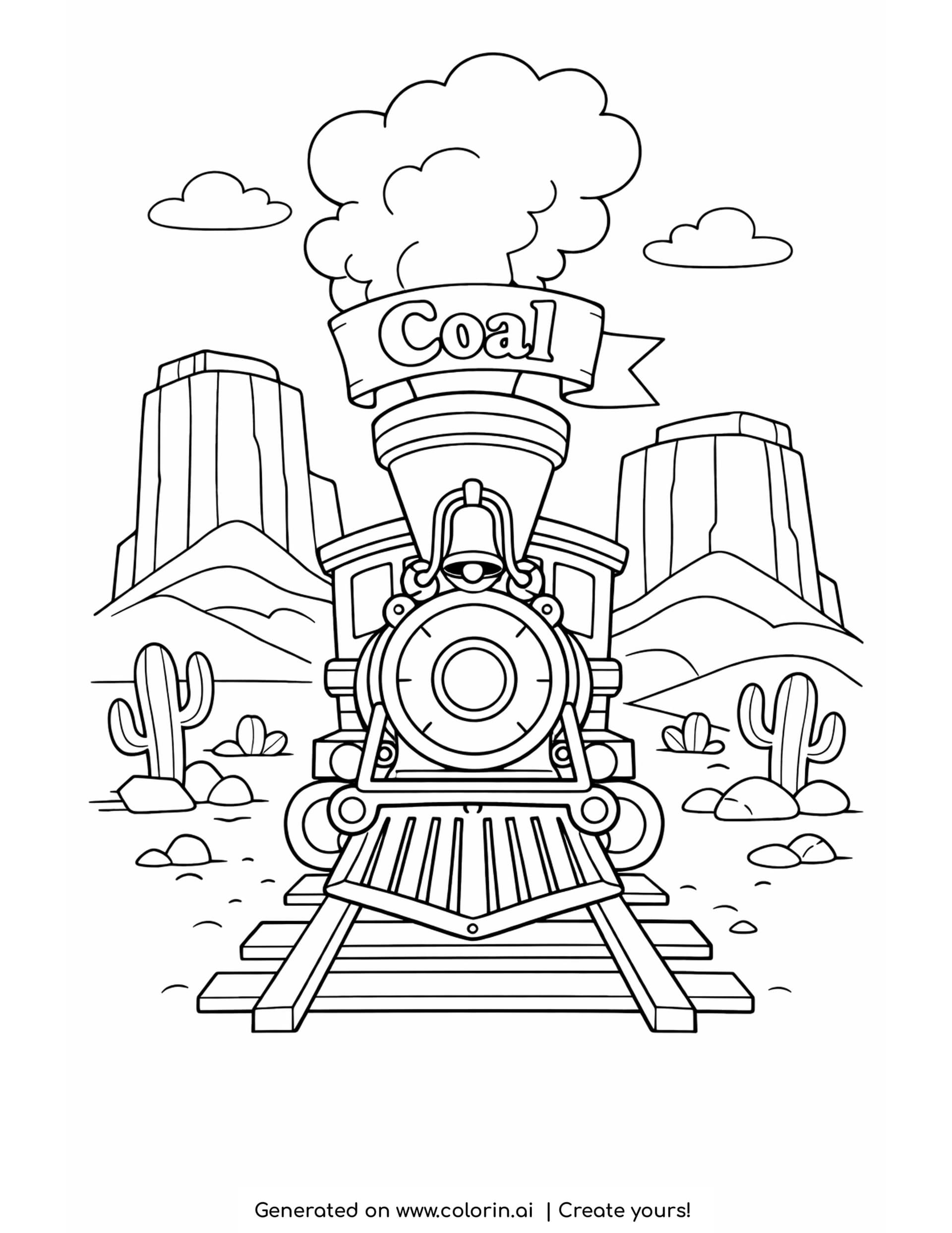 old west train coloring pages: a frontier steam engine facing forward with a bell and cowcatcher between two desert mesas