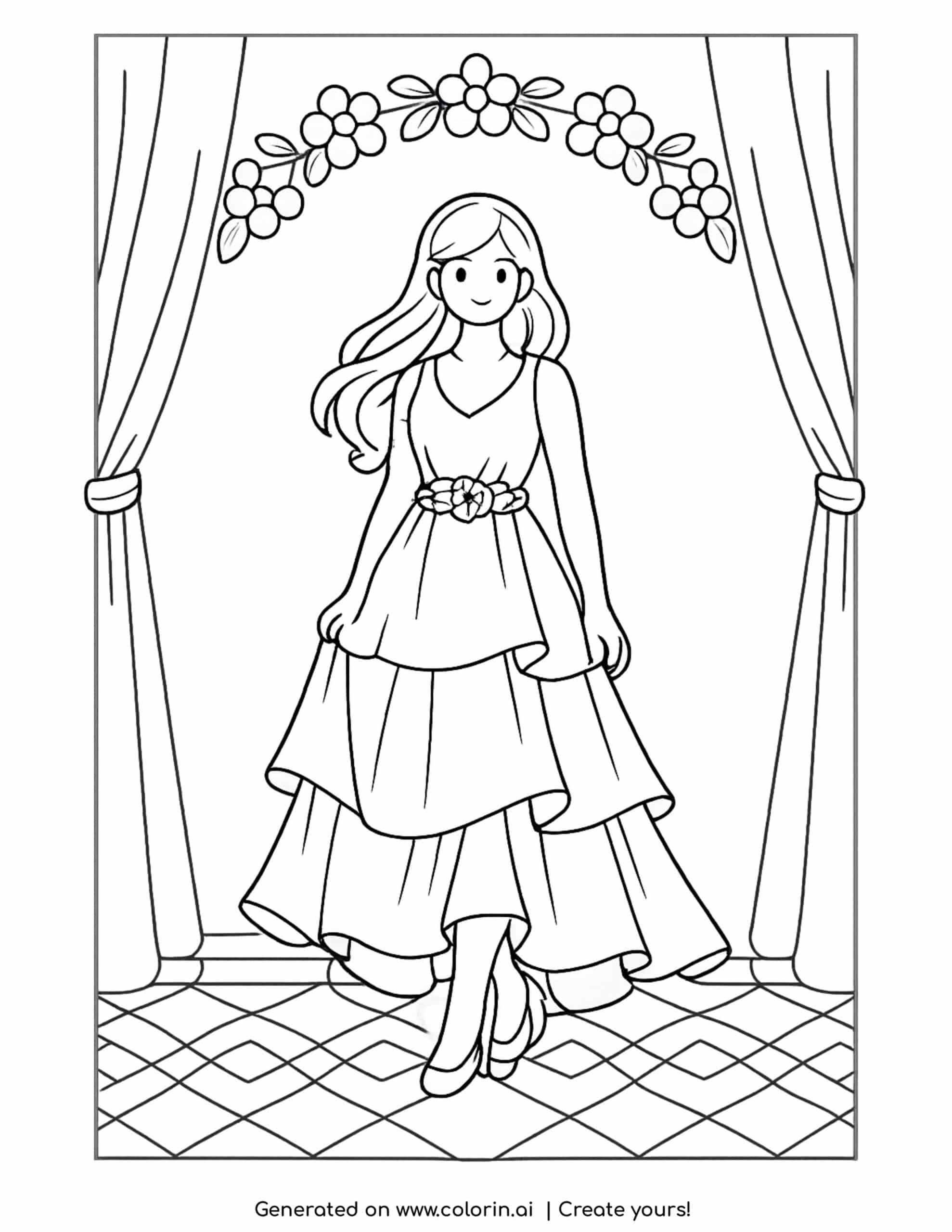 woman walking in layered dress on stage coloring page with curtains and floral arch coloring page