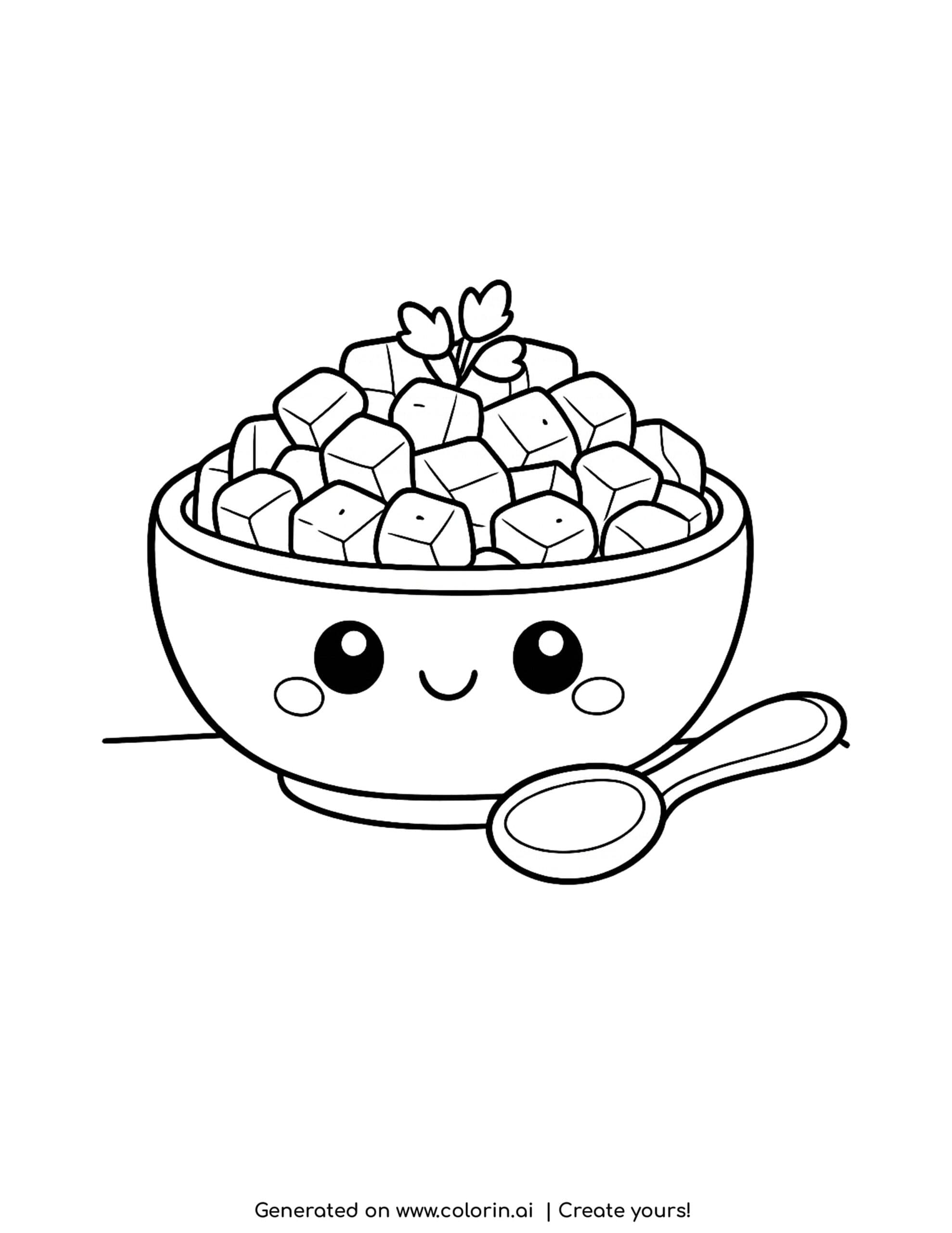 thanksgiving food coloring pages, a round bowl with a happy face heaped with cubes of stuffing and a herb sprig