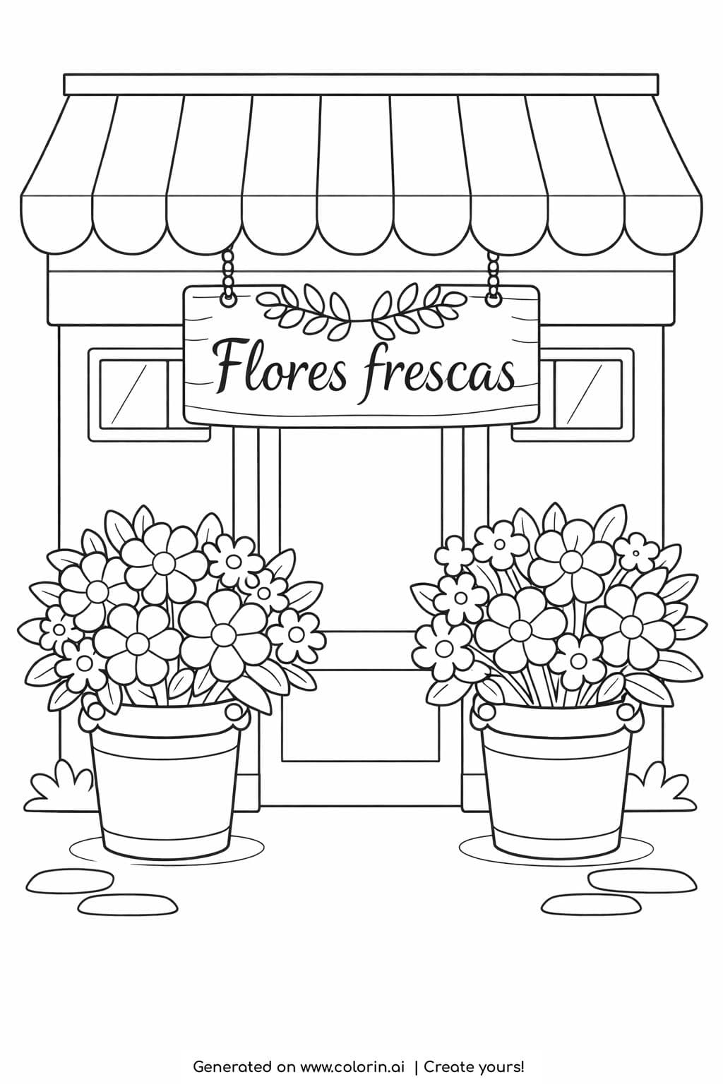 flower shop with fresh flowers sign coloring page with striped awning and potted bouquets