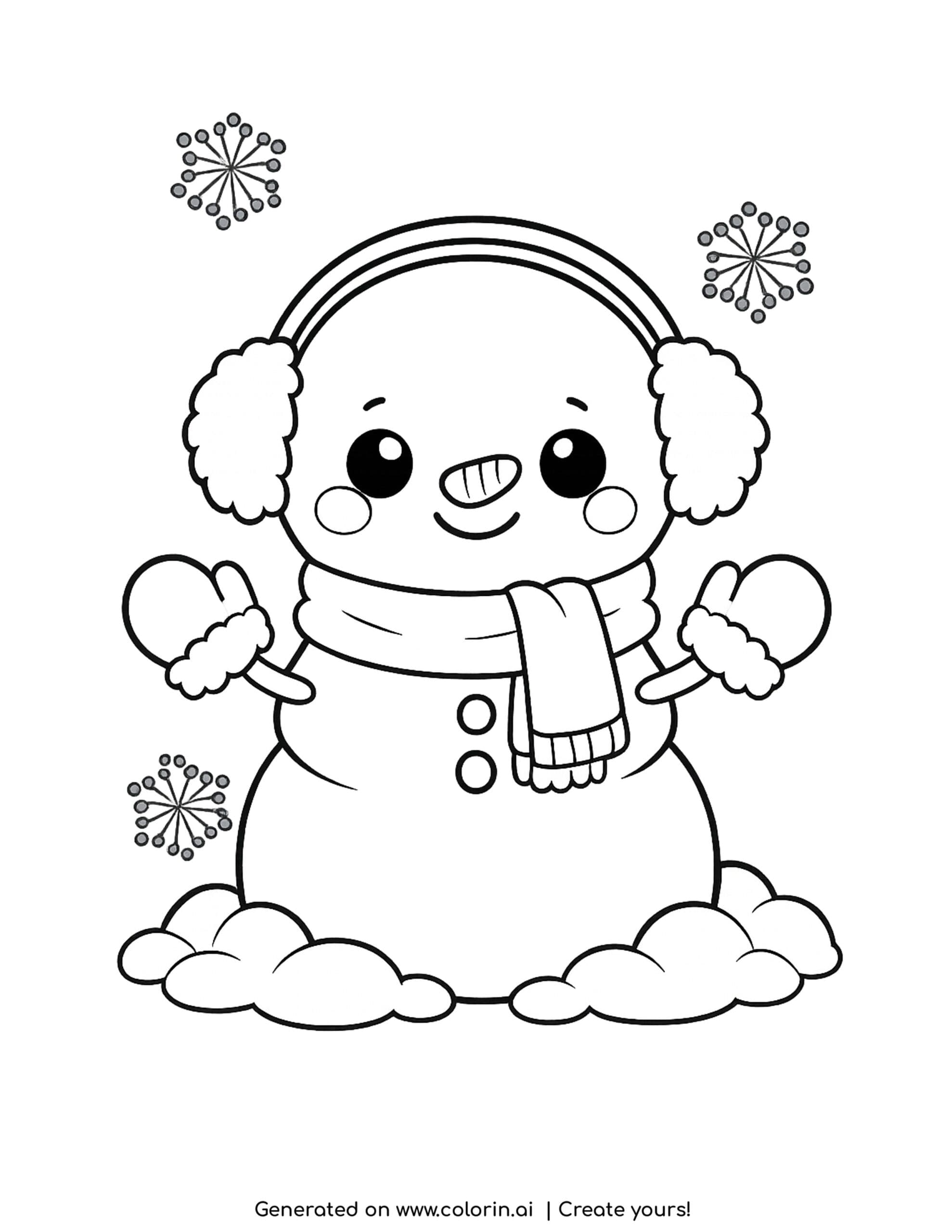 winter clothes coloring pages, a snowman wearing earmuffs, mittens and a scarf