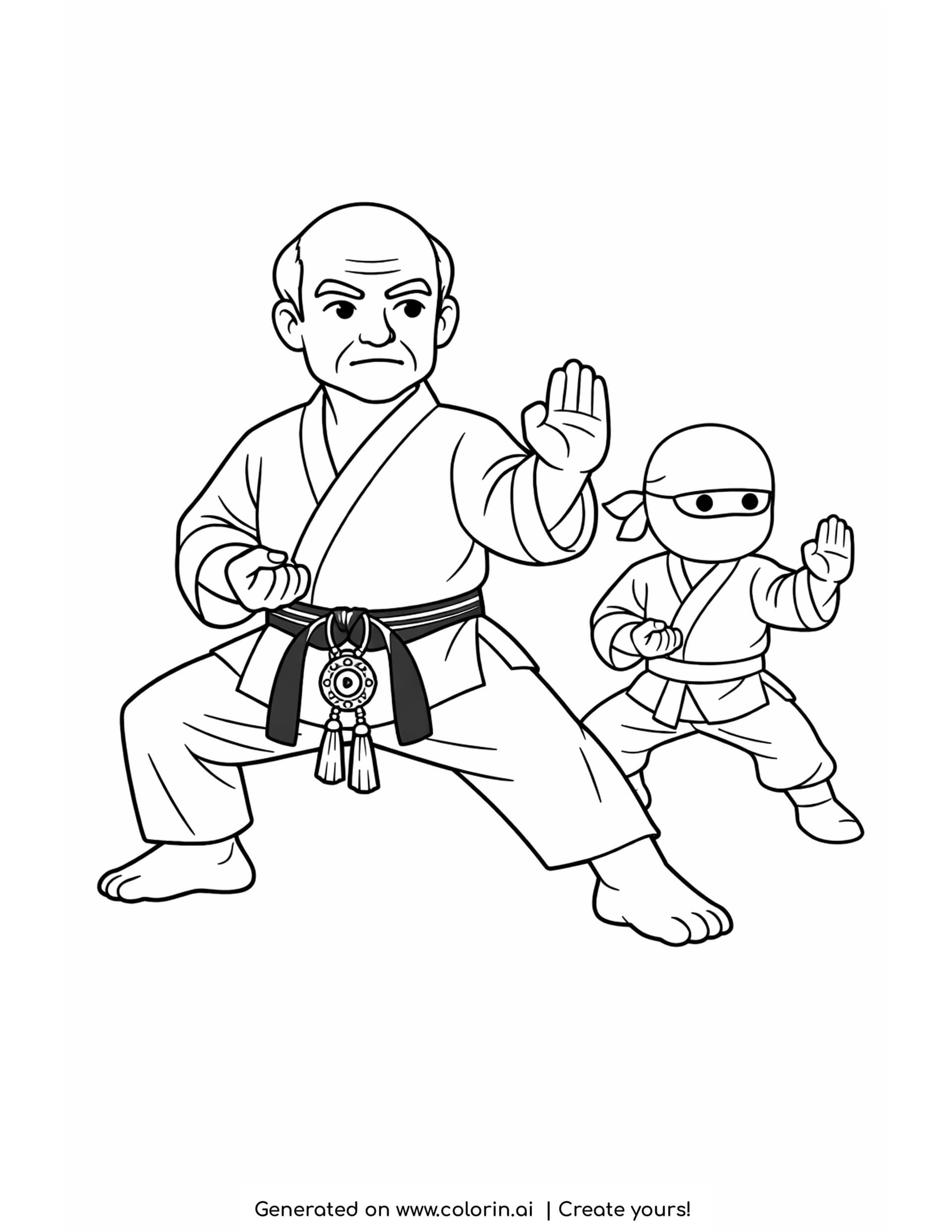 karate coloring pages - older karate master in a belted gi with a small ninja copying his stance