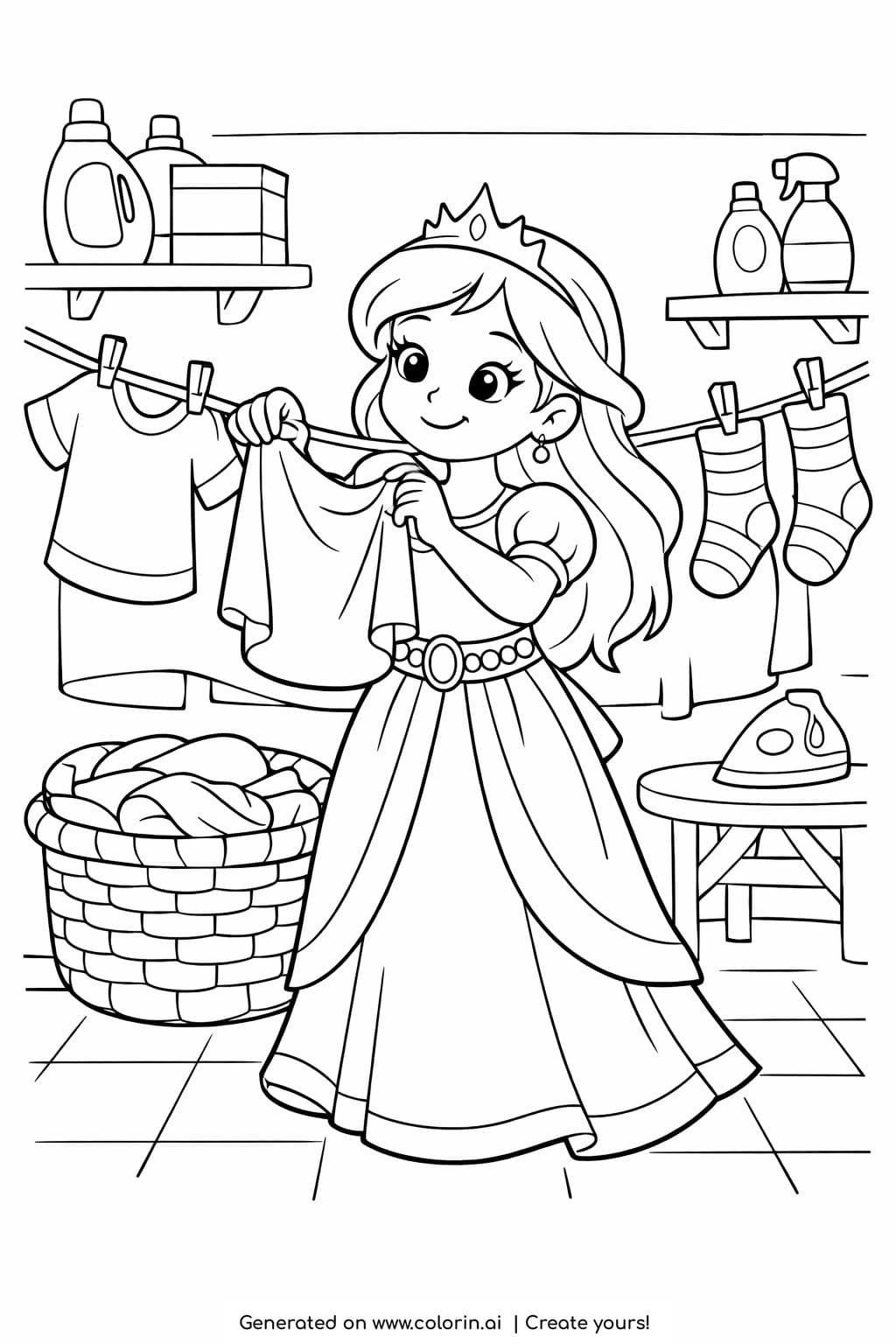 princess hanging laundry indoors coloring page with clothesline, basket and iron coloring page