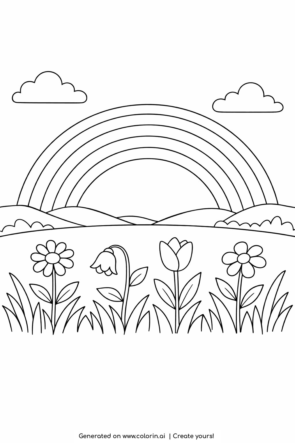 rainbow coloring pages, a rainbow arching over a wide meadow dotted with wildflowers and tufts of tall grass