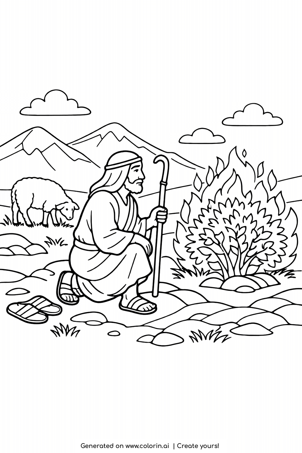 bible stories coloring pages, Moses kneeling before the burning bush with his sandals aside and a sheep nearby