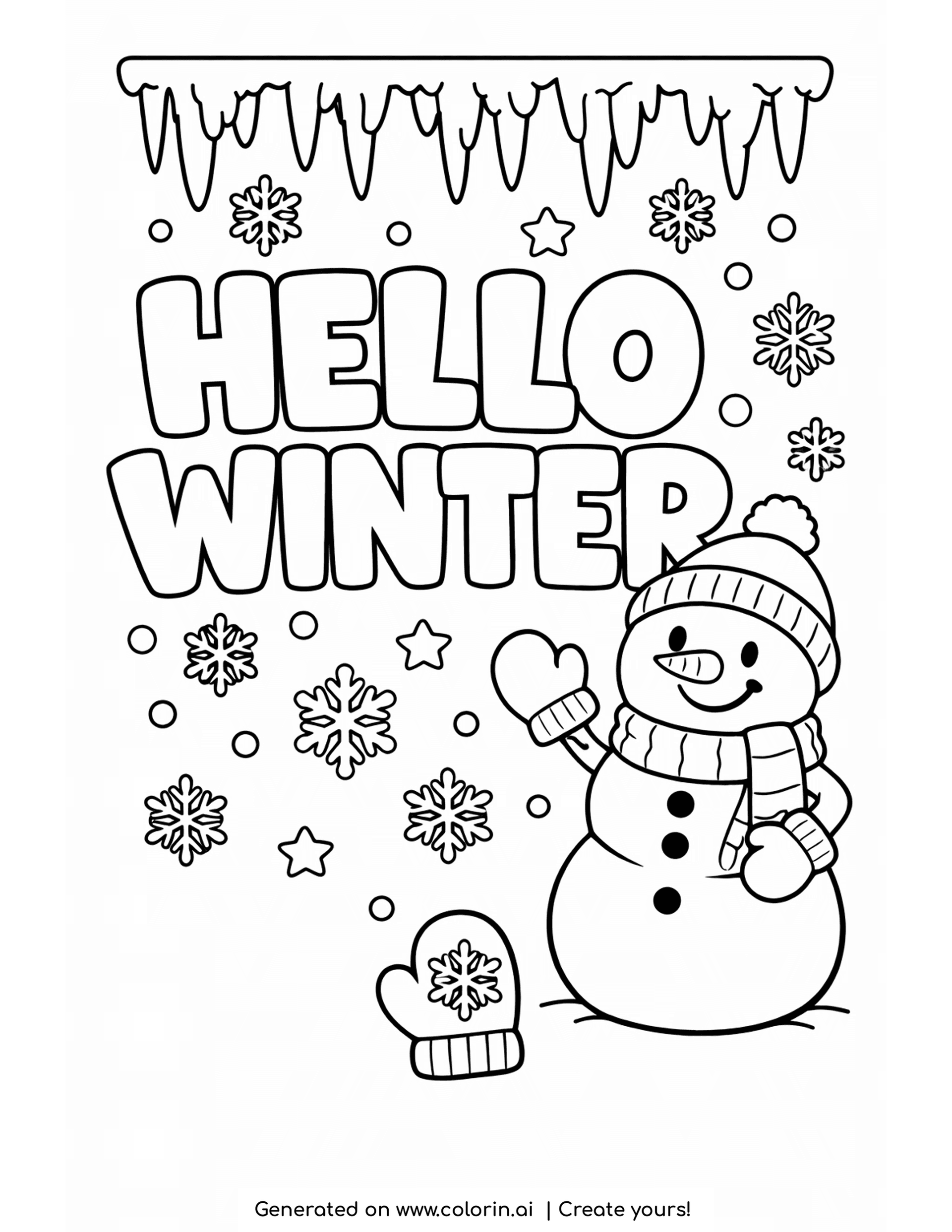hello winter coloring pages, bubbly Hello Winter lettering with icicles and snowflakes and a waving snowman