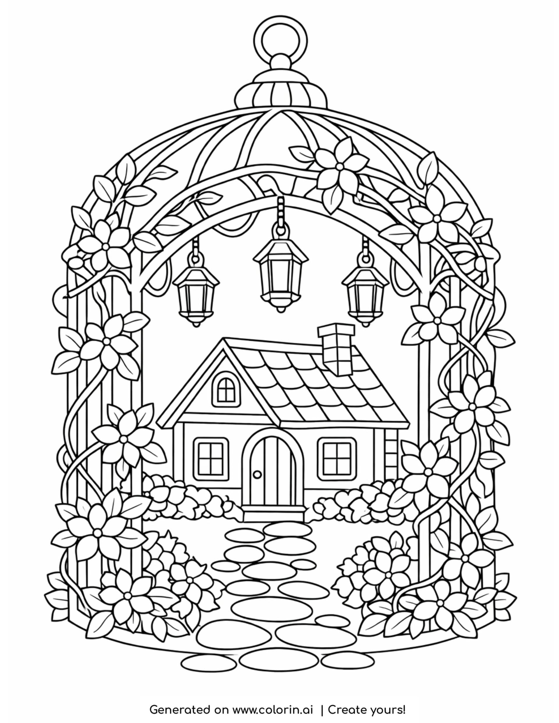 house inside floral birdcage coloring page with lanterns flowers and stone path